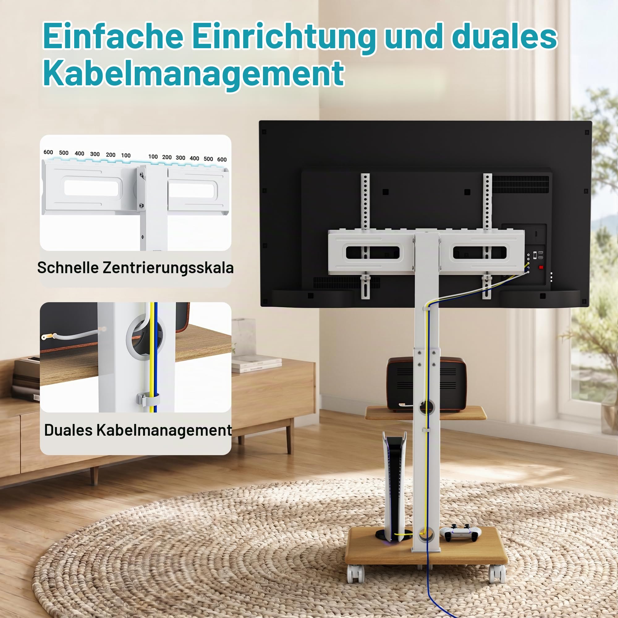 BONTEC TV Ständer Rollbar für 32-80 Zoll Fernseher, Holzsockel, 60 kg | Rollbarer TV Wagen mit fünf 6,3-cm-Rollen, höhenverstellbar, neigbar und schwenkbar, max. VESA 600x400 mm
