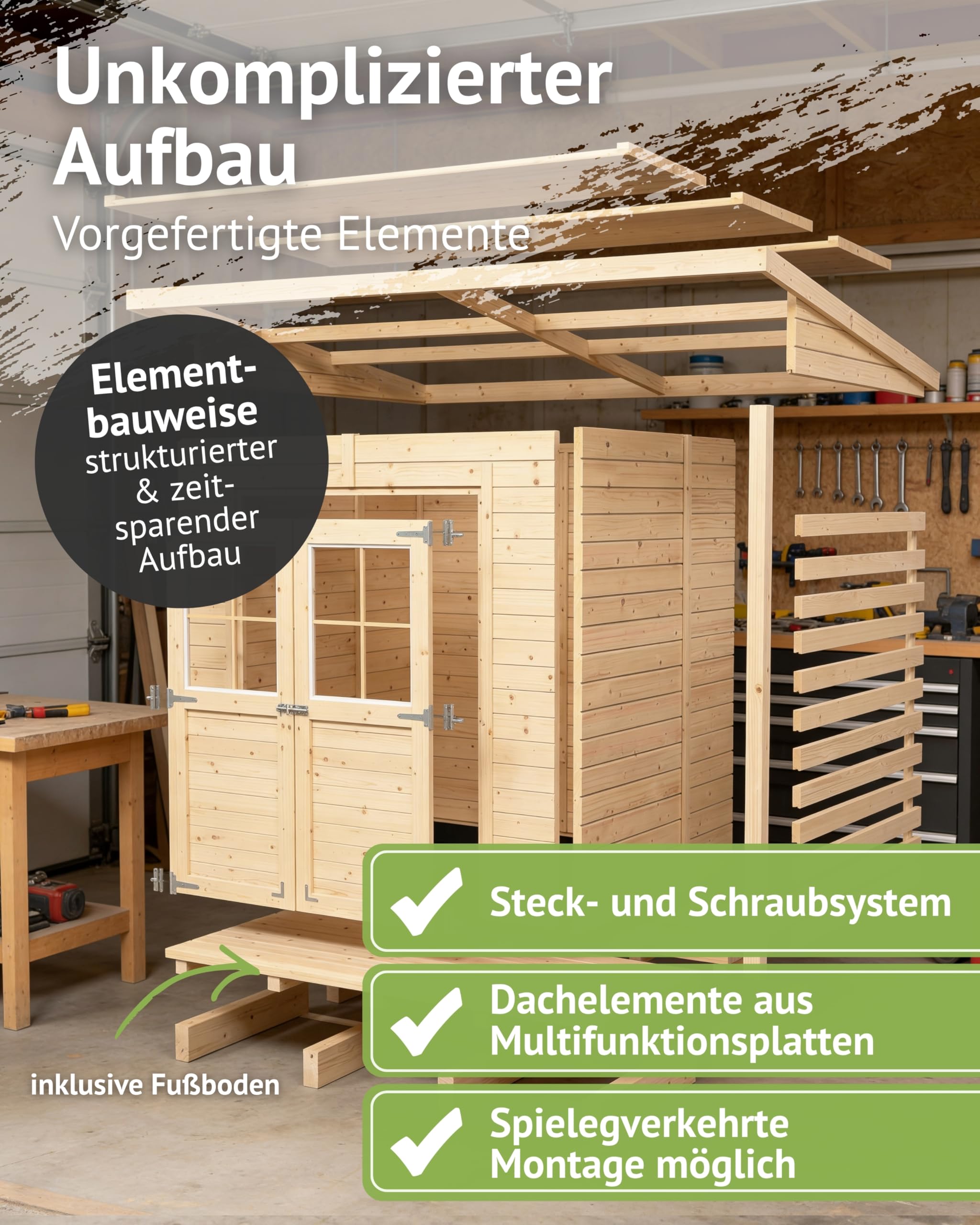 Steiner Shopping Gartenhaus Glücksburg 04 aus nordischer Fichte I 14 mm Elementgartenhaus mit Schleppdach, Fußboden & Lamellenwand I Nutzfläche 6,87 m² I Robust, vielseitig & einfach aufzubauen