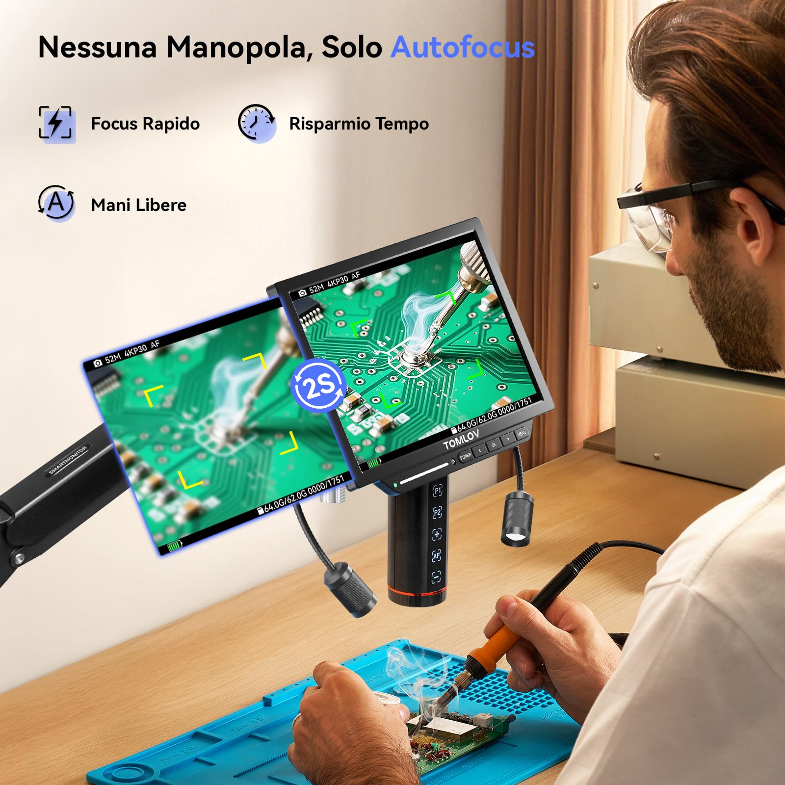 TOMLOV TM4K-AF Flex Microscope Numérique Autofocus 4K HDMI, Écran de 8" IPS avec Bras Flexible, Loupe Professionnel 2000X pour Pièces et Soudure, Tapis de Soudure, Lumières Latérales, Carte 64 Go