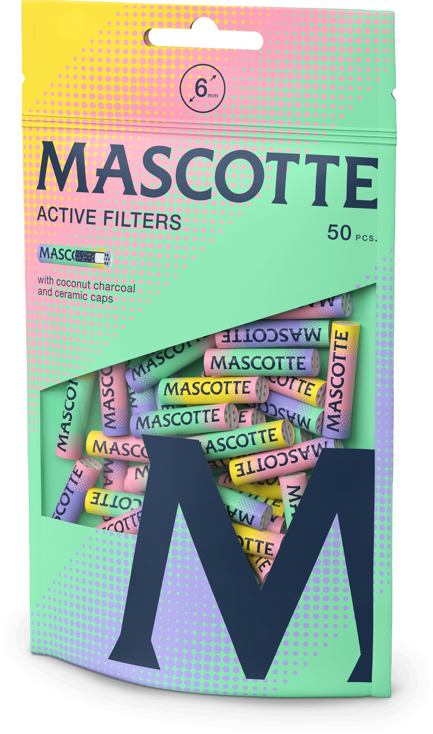 Mascotte BRIGHT Colors - Filtro de carbón activo (6 mm de diámetro, 10 bolsas de 500 filtros (500 unidades), 27 mm de longitud, finos filtros de carbón activo con carbón activo