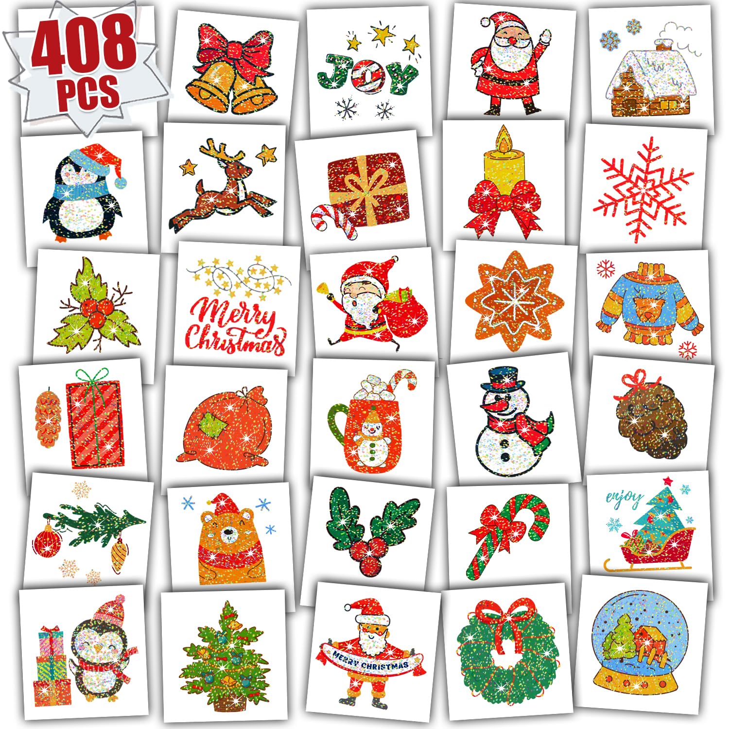 Leesgel Glitter Tattoos for Kids Christmas Decorations 408pcs Christmas Stickers Temporary Tattoos