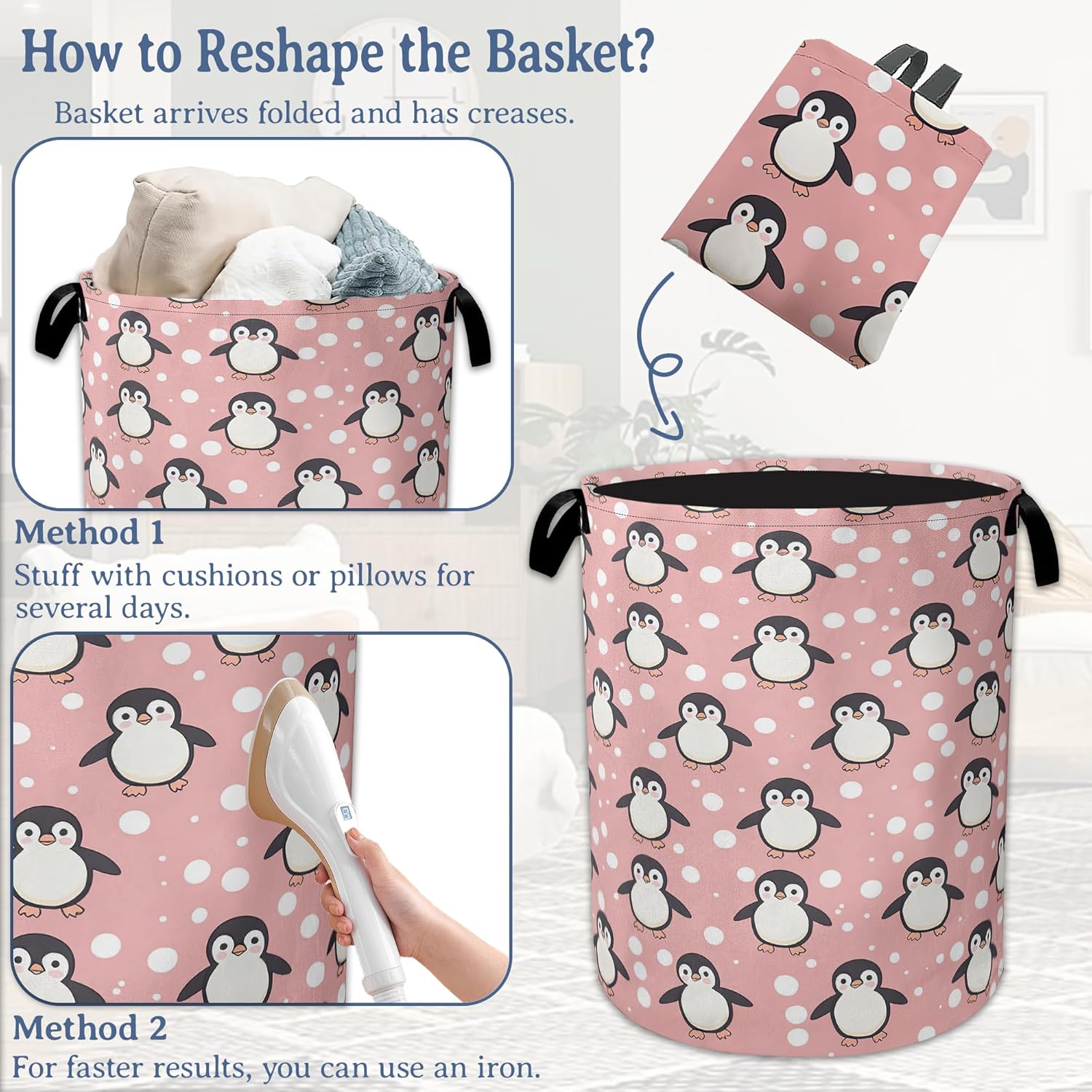 Cute Penguins Laundry Basket,Oxford Cloth Funny Laundry Hamper With Handle Foldable Portable Clothes Storage Basket for Laundry Room/Bedroom/Bathroom 20.8"x16"