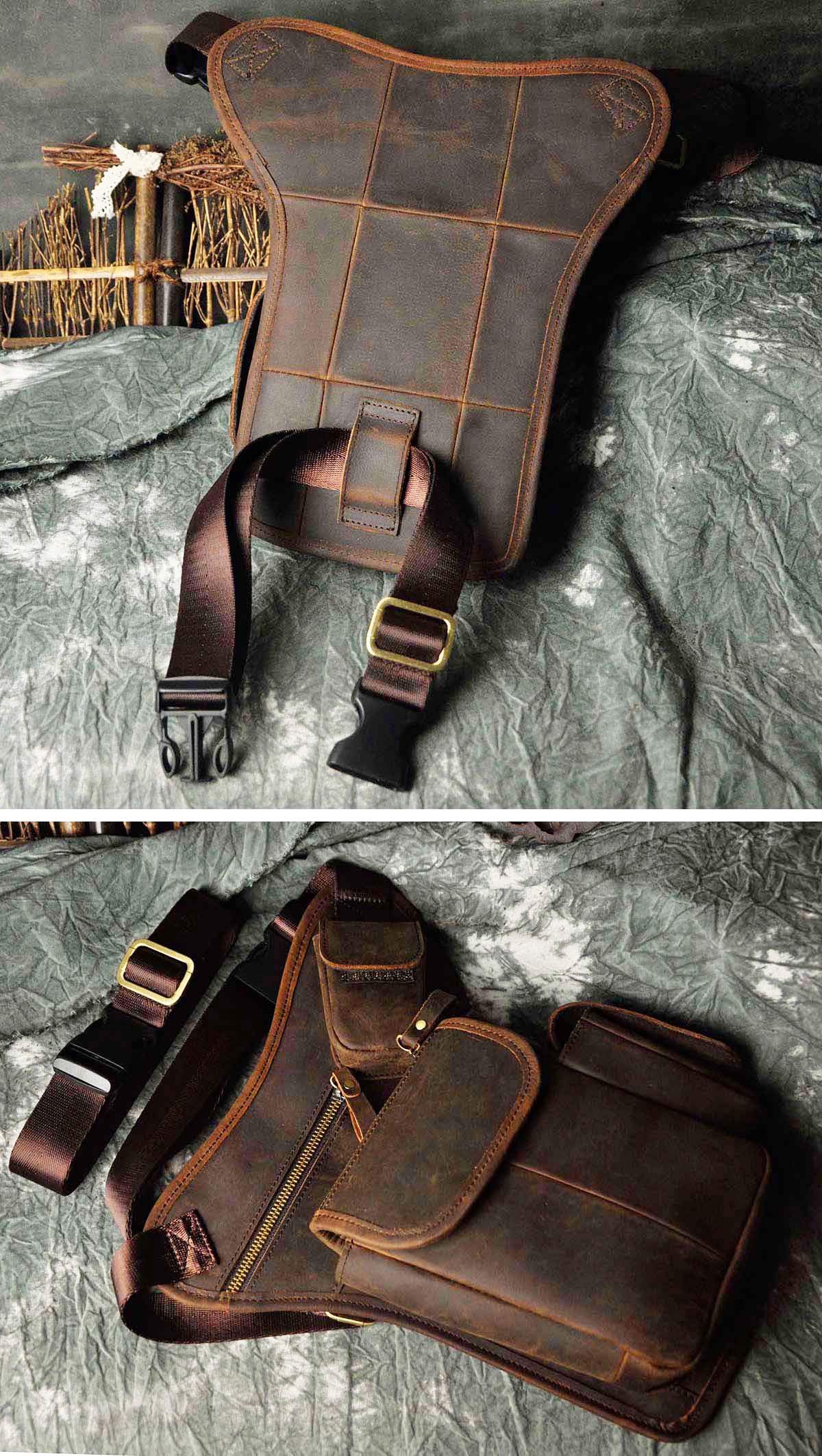 Le'aokuu Hombres Cuero Genuino Bolso Cintura Bolsa de Pierna Bolsa para Hombres Bolso Multifuncional Militar Táctico Moto Bicicleta Senderismo Deportes Camping Montar 3106