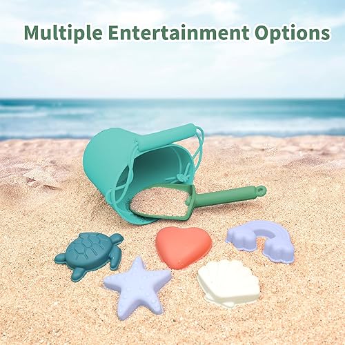 Miniatura 6 de Juguetes de playa de silicona, 8 piezas, juguetes de playa para bebés, incluyendo cubo, pala, 5 moldes de arena, bolsa de playa, juguete ecológico,