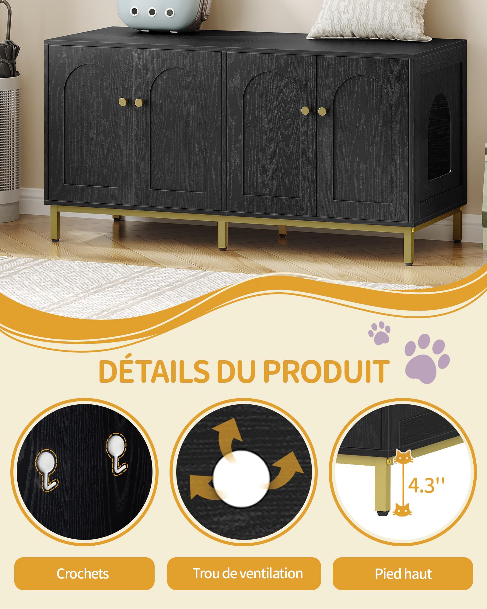 Hzuaneri Maison de Toilette Chat pour 2 Chats, Meuble de Litière Caché de 119cm, Banc de Rangement, Convient à la Plupart des Litières por, Noir et Or CB82304A