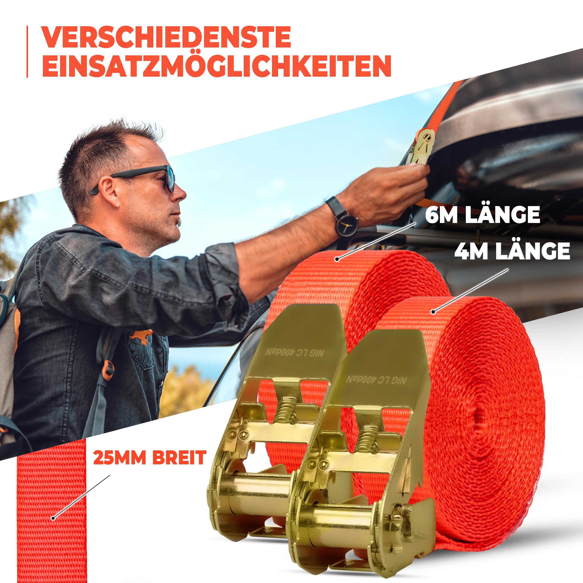 NTG Spanngurte mit Ratsche 800 kg 4 m 20 Stück - 25 mm TÜV GS Zertifiziert | Stabile wetterfeste Zurrgurte Ratschengurte nach DIN EN 12195-2 - Ladungssicherung für LKW Anhänger Transporter