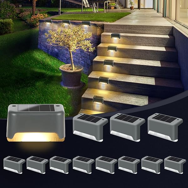 GIGALUMI Luces Solares para Exteriores Pack de 12, Luces para Escaleras, Impermeables, Iluminación LED para Escaleras Exteriores, Escalones, Vallas, Patios, Terrazas, Gris, Blanco Cálido - 1
