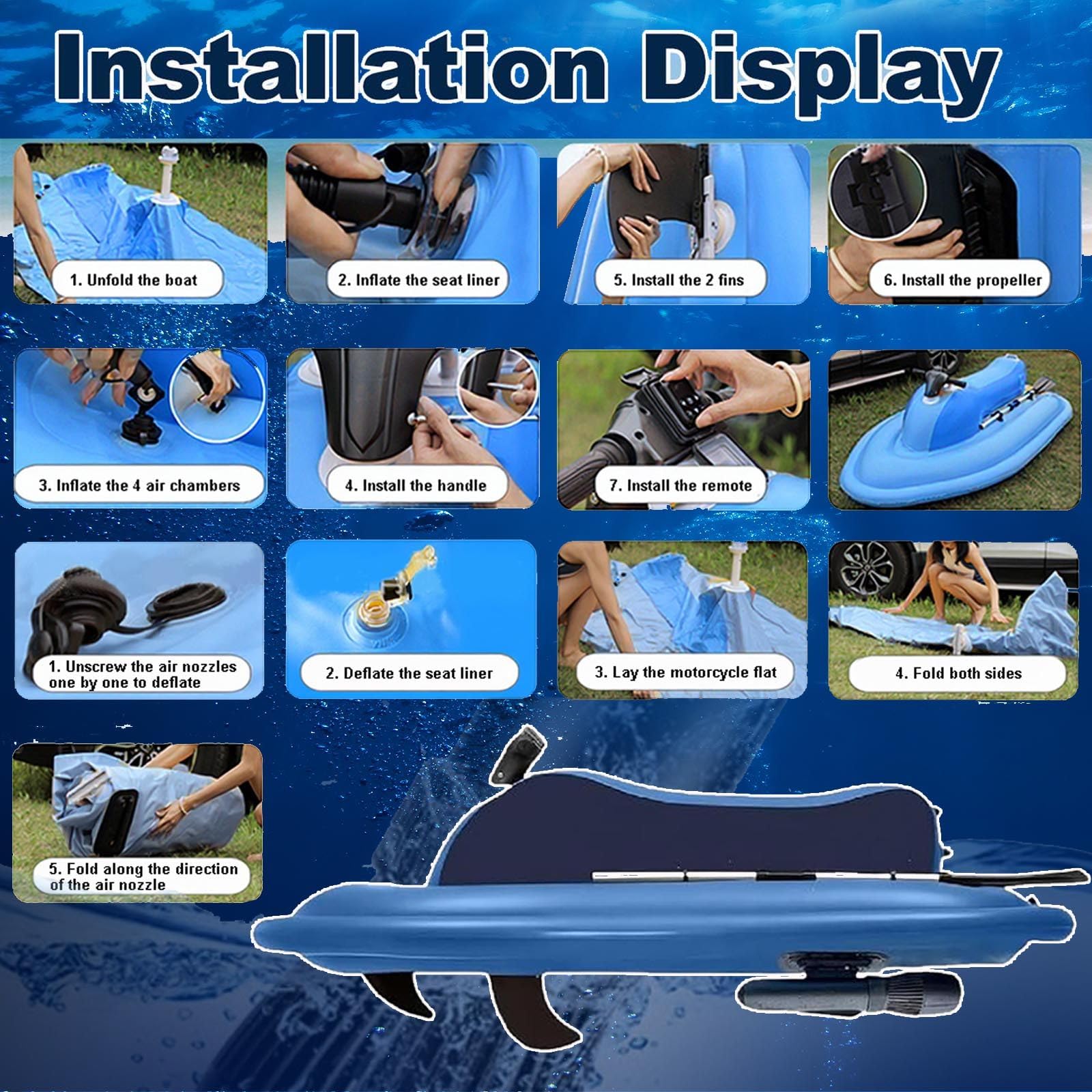 Flotador Inflable motorizado for Piscina, Moto acuática, Barco eléctrico Plegable con Scooter Submarino Desmontable de 500 W, Barco de PVC de Doble Aleta