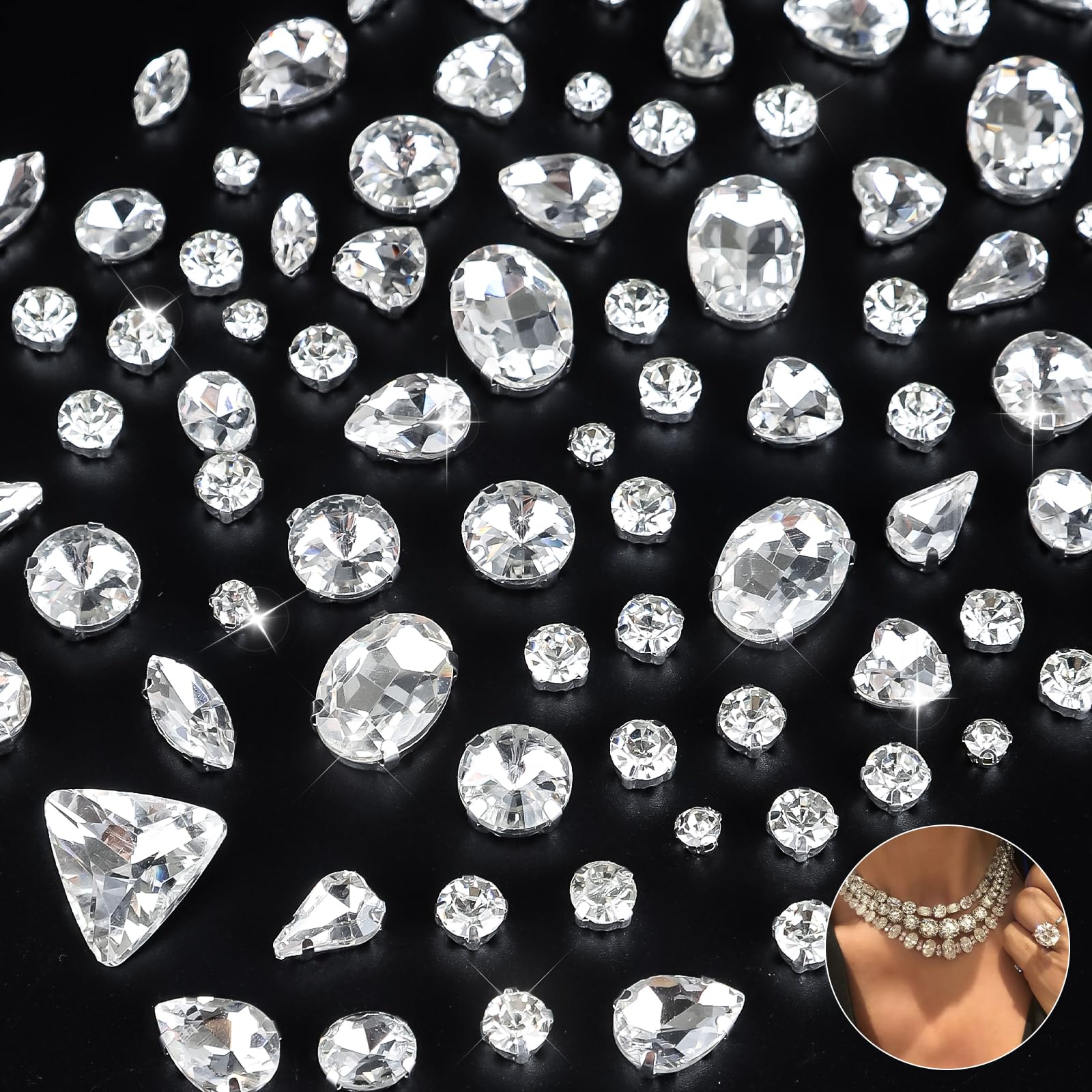 Quorineo Sew on Rhinestones 110PCS | Metal Claw Crystal Gems for Bedazzling, DIY Crafts, Jewelry Making & Wedding Dress Decor with Flatback Glass