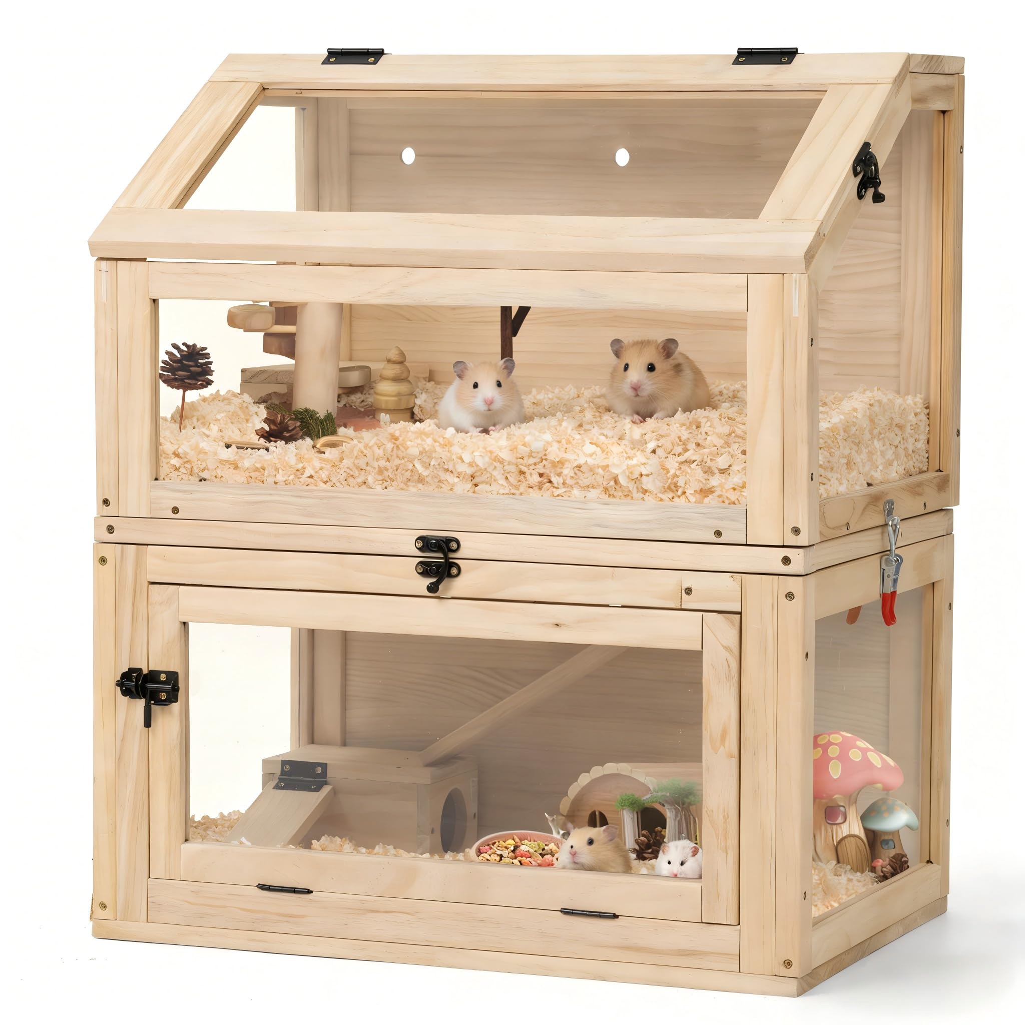 Nagarium - Jaula para hámster de dos pisos de madera natural con cristal acrílico – Grande 60 x 40 x 70 cm, jaula para ratas de libros, jaula de varios niveles con niveles separables y puertas