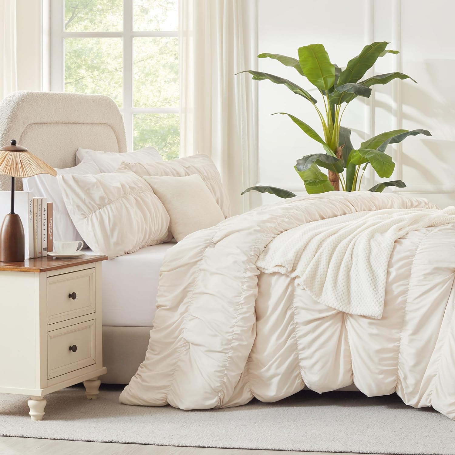 Andency Ruched Beige Queen Comforter Set, Shabby Chic Pleated Bedding Sets 3 Pieces, Lightweight Soft Boho Ruffle Bed Set for Girls, Kids, Women, All Season - Image 7
