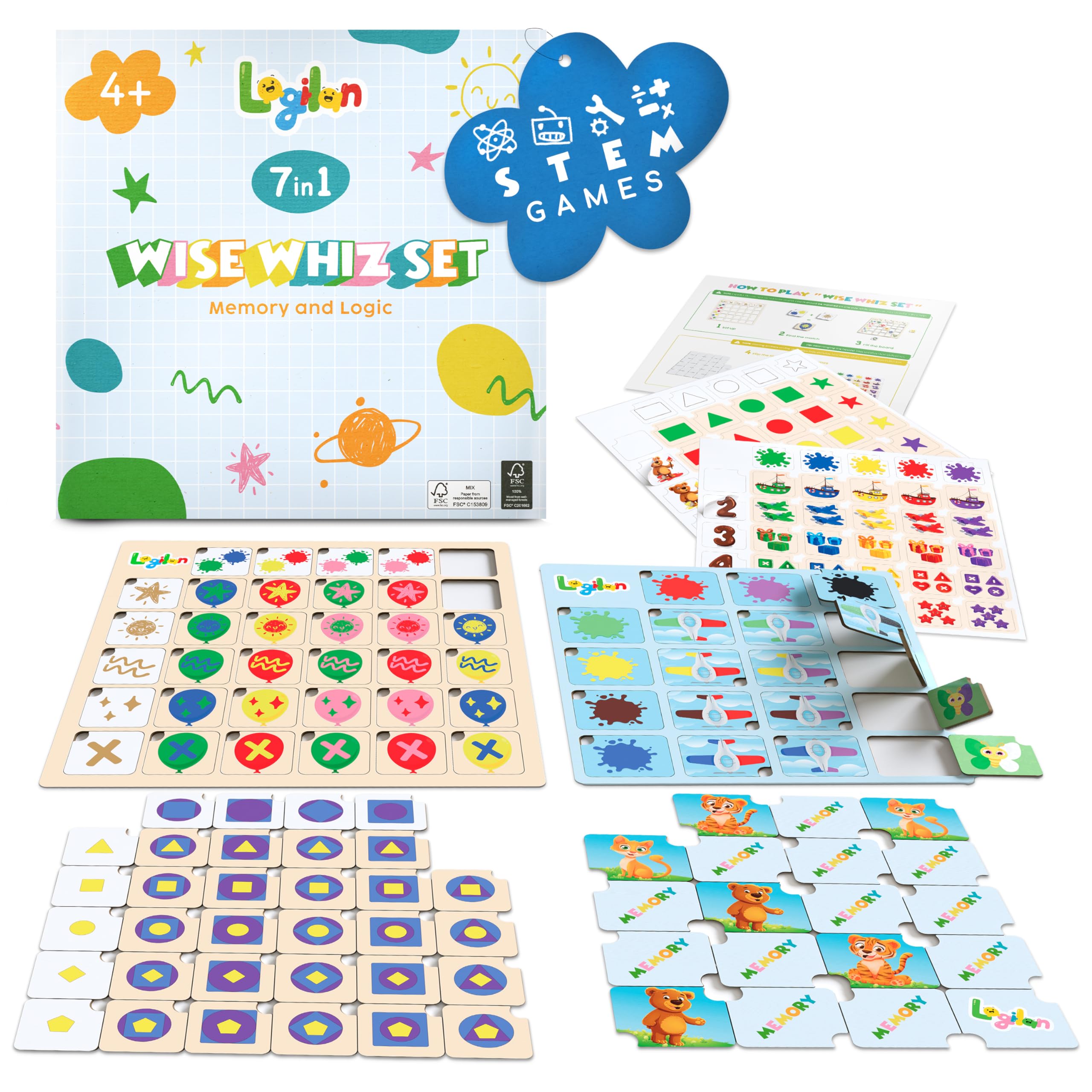 Logilan Wise Whiz 7-in-1 Logic Brain Puzzles & Memory Game Play Set for Kids Ages 4-8 - STEM Board Matching Toys - Includes 2 Wooden Boards & Stickers Great Educational Gift