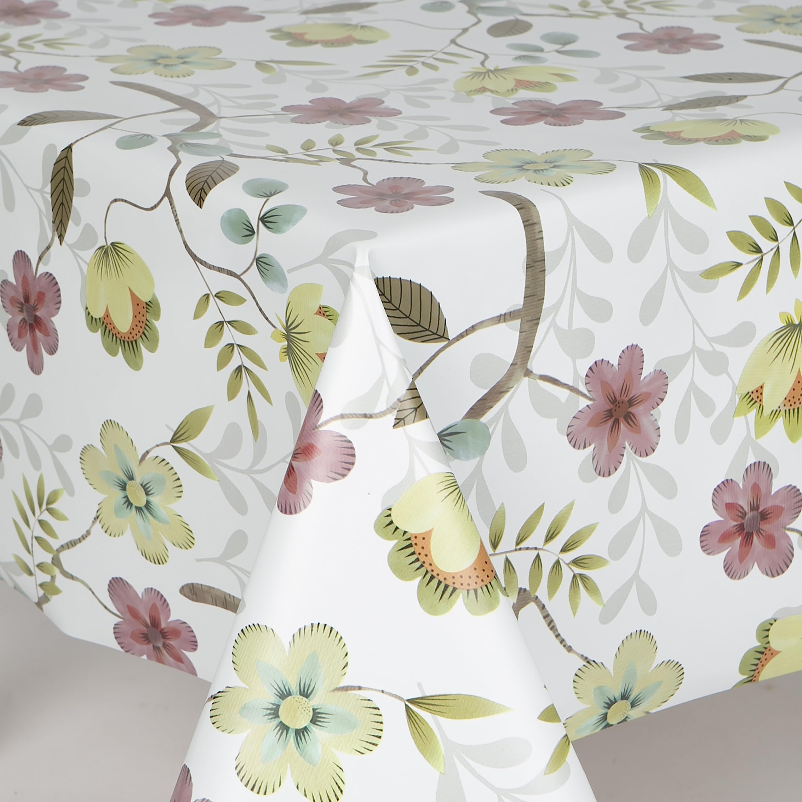 Home Expressions Simple Branch and Flowers on a White Ground Wipe Clean Vinyl Table Cloth/Protector Textile Backing (140cm x 300cm Rectangle)