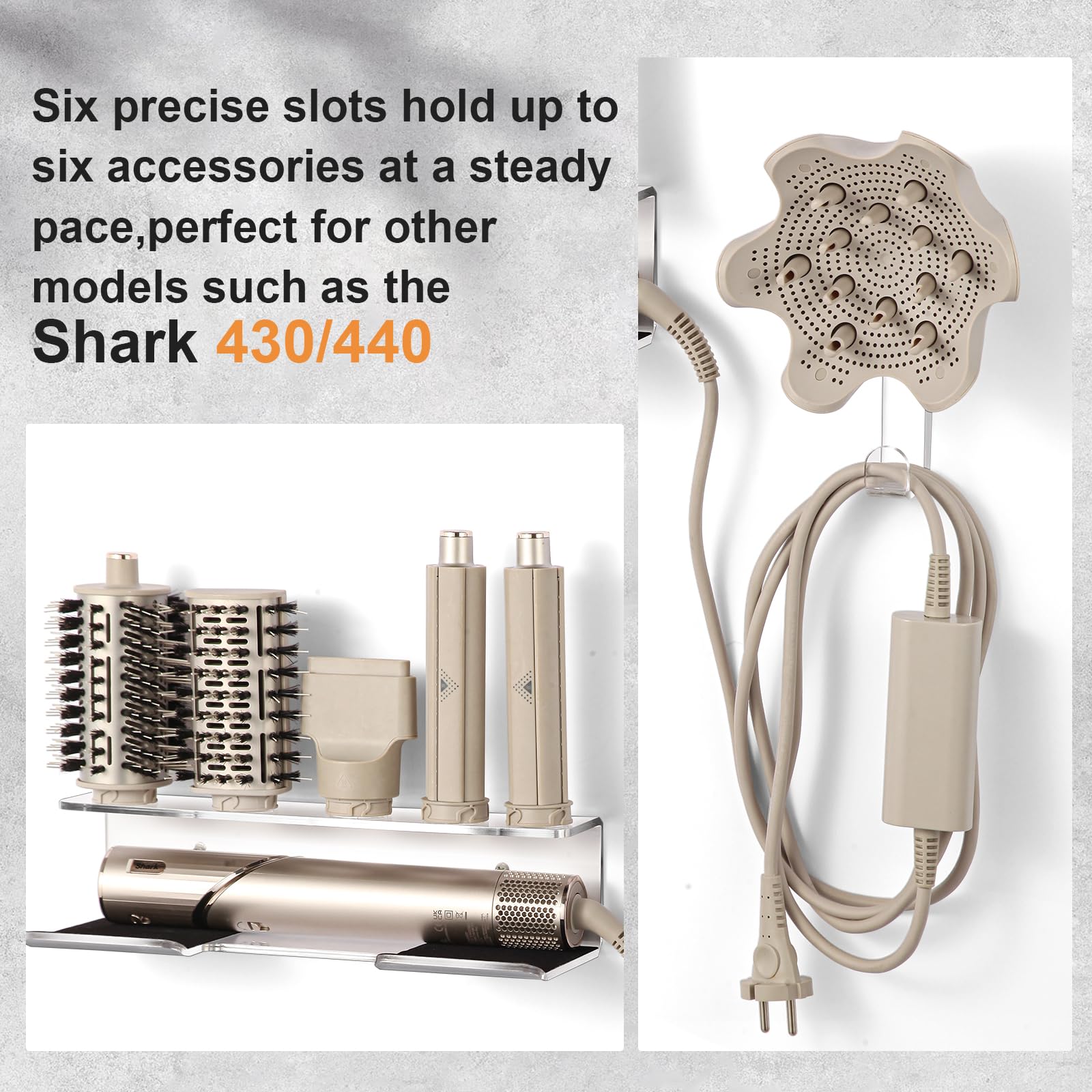 GENCAM Wall Mounted Holder for Shark Flexstyle, Acrylic Wall Mount Bracket Organizer for Shark Flex Style, Flex Style Holder with Cord Hanger for Accessories Curlers Brushes Diffuser and Attachments