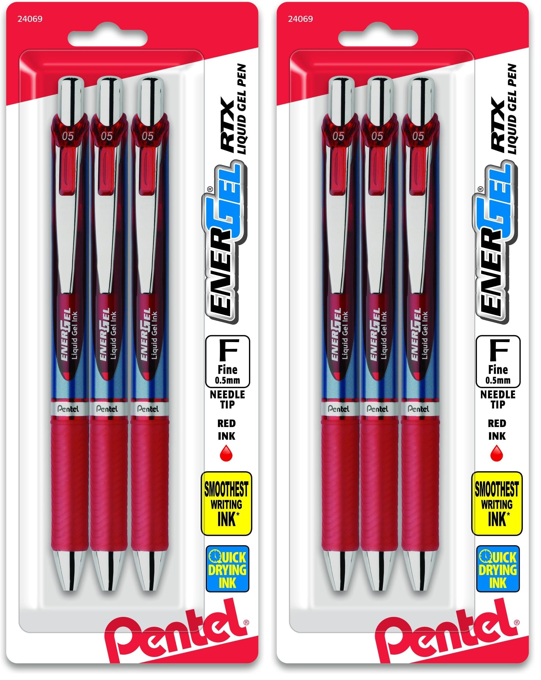 Pentel® EnerGel® RTX Retractable Liquid Gel Pens, Fine Point, 0.5mm, 54% Recycled, Assorted Barrel Colors, Red Ink, Pack Of 6 Pans