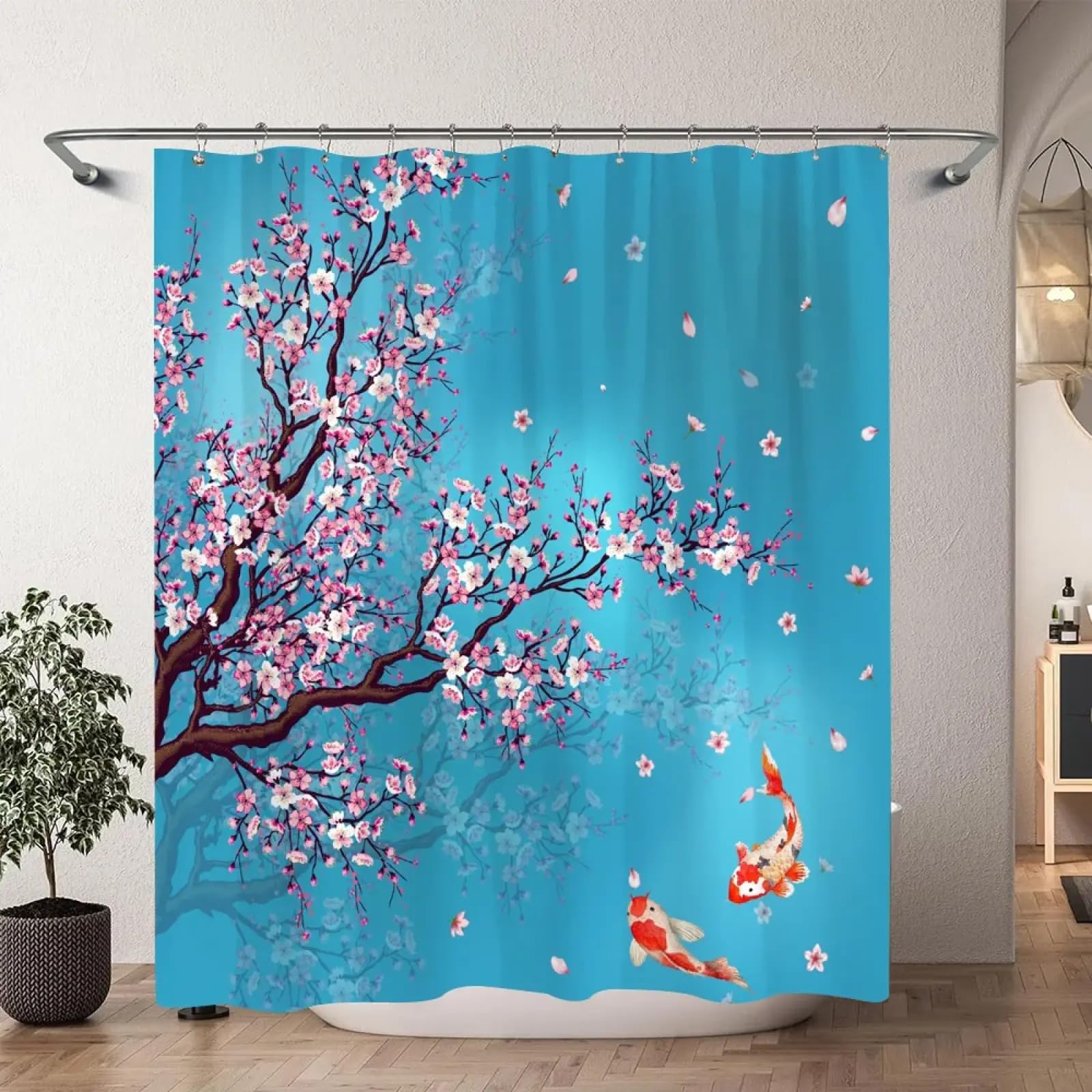 Rideau de douche fleurs de cerisier japonais et carpe koi en polyester pour salle de bain 148x202