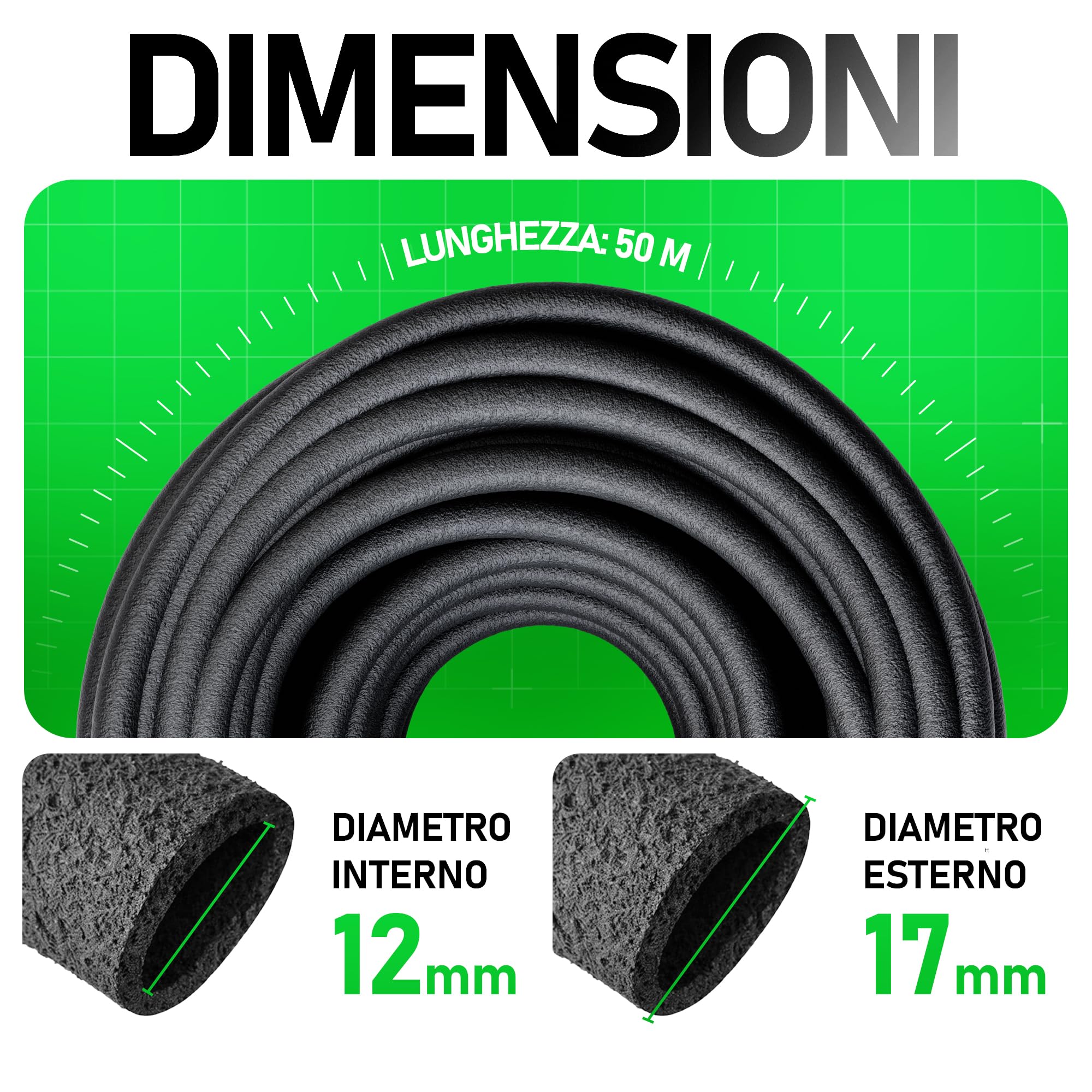 Tubo Poroso per Irrigazione 50 m | Irrigazione a Goccia Uniforme con Risparmio d’Acqua | Ideale per Giardino, Orto e Siepi | Kit di Connettori Incluso (5000, Centimetri)
