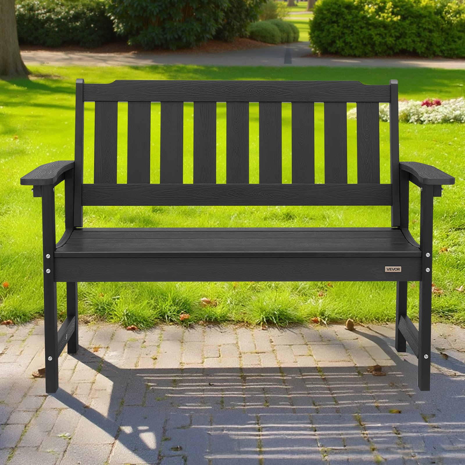VEVOR Panca da Giardino, Panca da Esterno in Plastica Lunghezza 128 cm Capacità di Carico da 363 kg, Sedia per Esterno con Schienale Braccioli per Cortile, Parco, Giardino, Nero