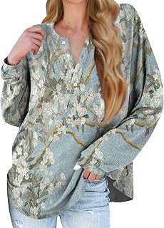 Mesh Top,Womens 2023 Fall Long Sleeve Loose Fit Button Down Henley Summer Tops Casual Bohemia Print Lightweight Blouse Mesh Tops for Women