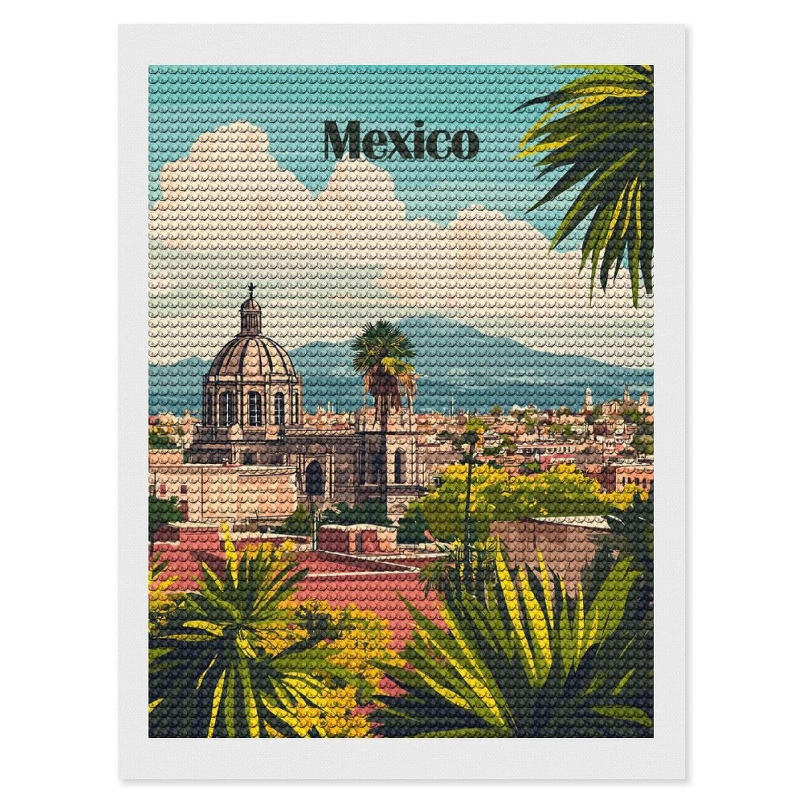 Junmoney Mexico Cityscape Travel DIY Diamond Art Canvas Kit 12"x16", Decorate Your Room, Sparkling Round Gems, Fun Craft Experience, Farmhouse Decor