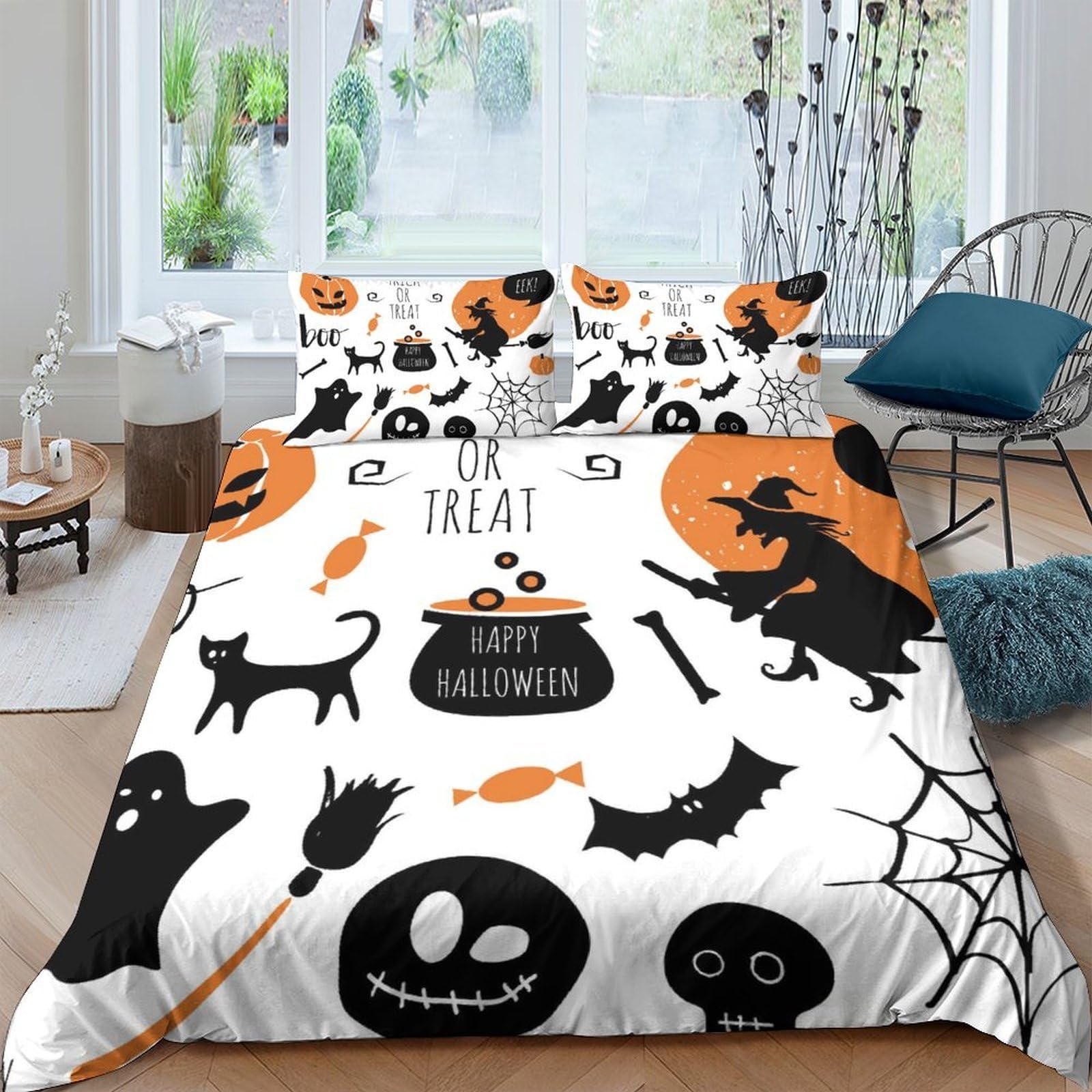 Ctjqhvkz Style-4 3D Printed Halloween Witch Fitted Sheet Microfiber Soft Orange Black Ghost Pumpkin Bed Cover For Bedroom Dorm Mattress Decor Single（135X200cm）