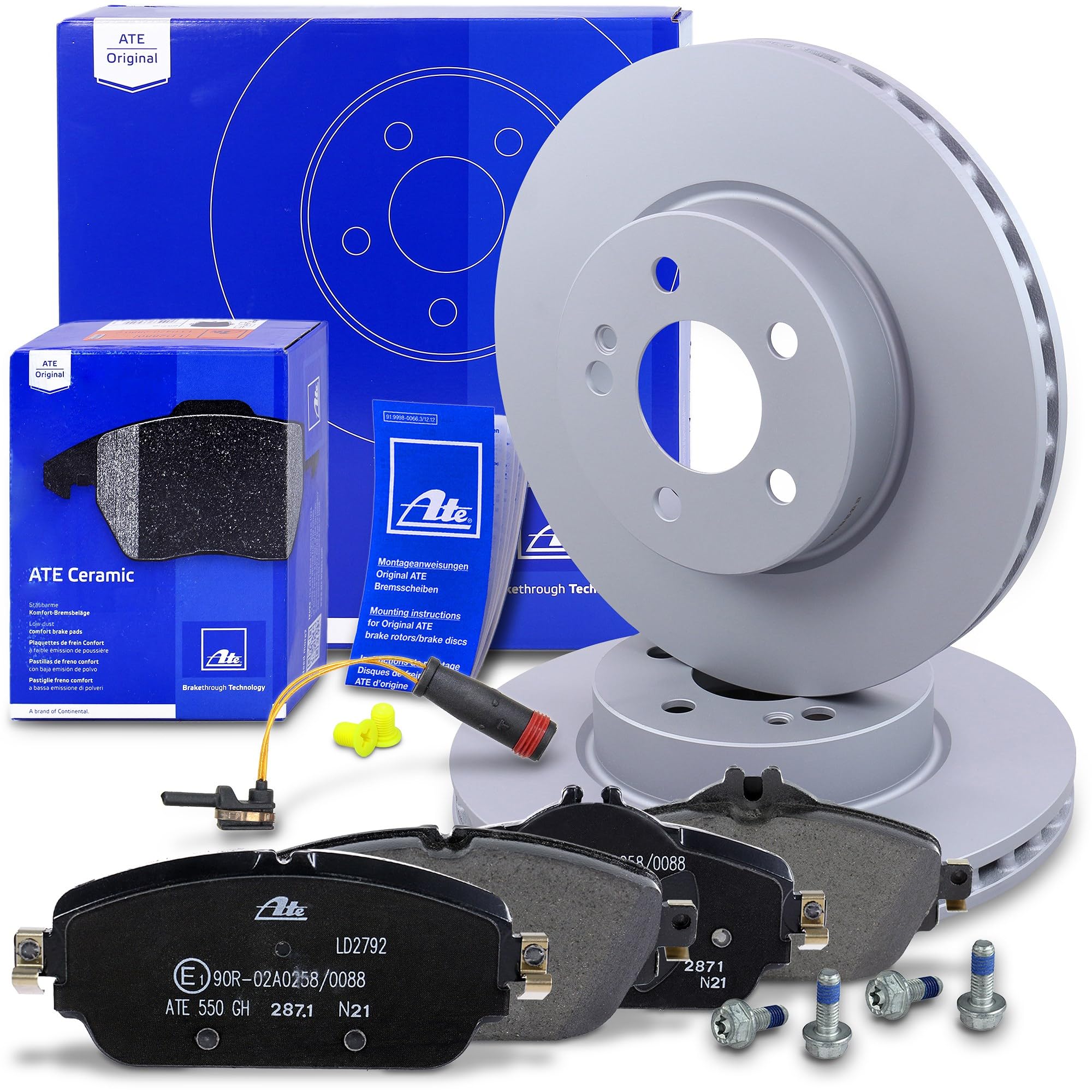 ATE Bremsenset Vorderachse inkl. Bremsscheiben vorne Ø 305 mm belüftet und Ceramic Bremsbeläge vorne + Verschleißkontakt Kompatibel mit MERCEDES C-Klasse, E-Klasse