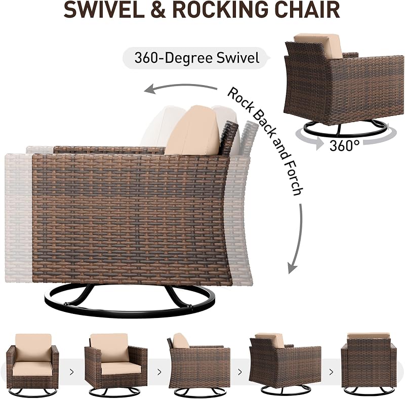 UDPATIO Patio Furniture Set, 5 Pieces Outdoor Conversation Sets with Rocking Swivel Chairs, Wicker Rattan Outdoor Sofa Set with Storage Table and Waterproof Covers for Backyard, Deck, Porch, Khaki image 4