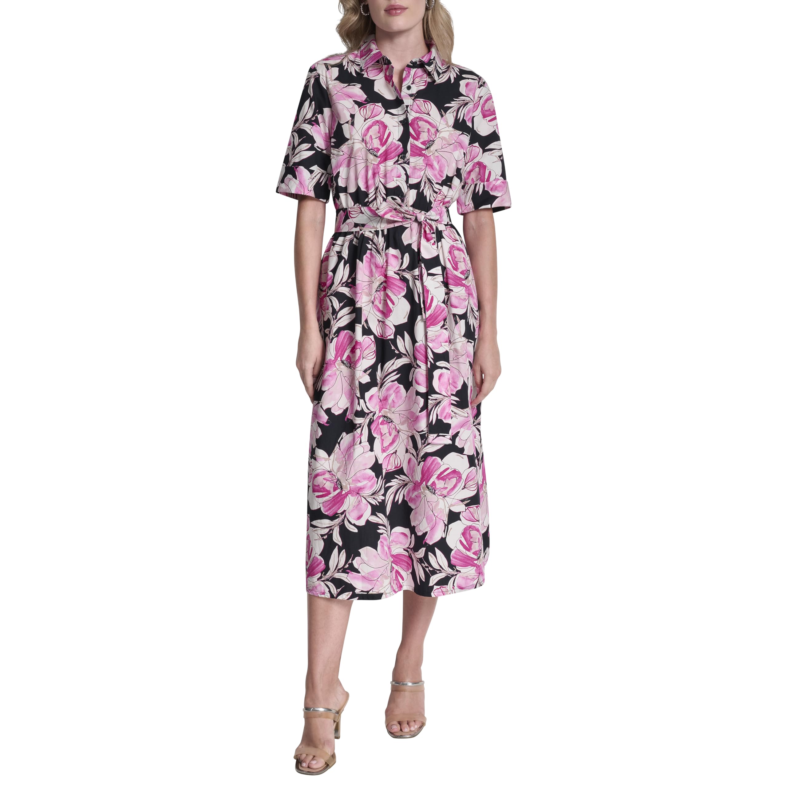 DKNY Women's Short Sleeve Cotton Poplin Collared Midi Shirtdress
