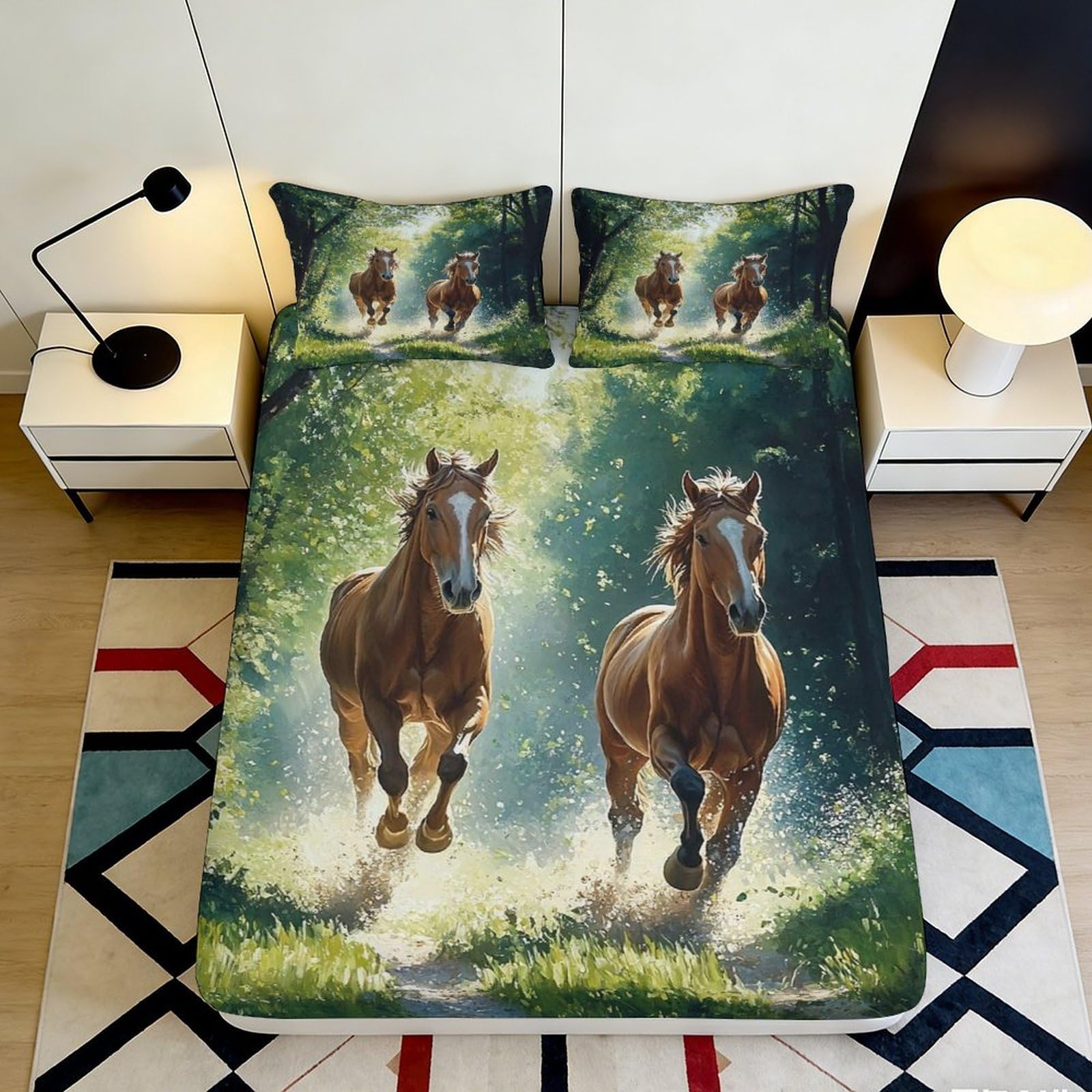 3D Printed Running Horse Fitted Sheet Microfiber Brown Forest Bed Cover for Bedroom Guest Room Mattress Protection 140x200x25cm