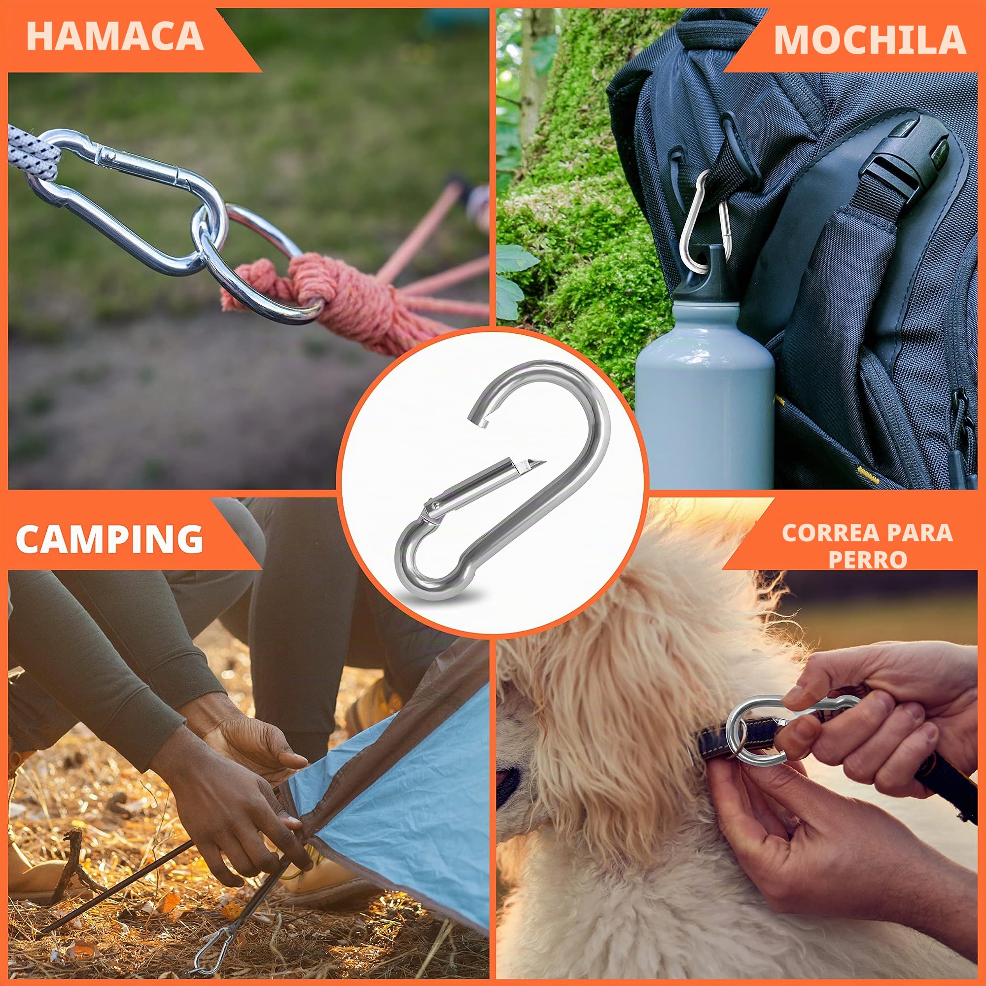 Belle Vous Mosquetones Acero Inoxidable M4 con Muelle (Pack de 15) Mosquetón Multifunción 4cm Duraderos Interior/Exterior Mosquetones para Llaveros, Acampadas, Pesca - Complementos Senderismo
