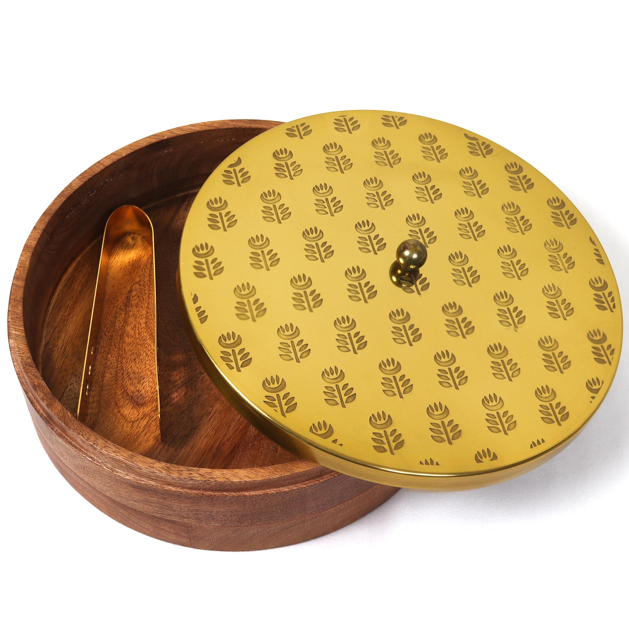 Handcrafted 9 x 9 x 2.5 Inches Mango Wooden Casserole with Stainless Steel Lid +Tong (6 Inch) with Cotton Cover for Roti Box, Chapati Box | Roti Box for Kitchen (Floral Leafs)