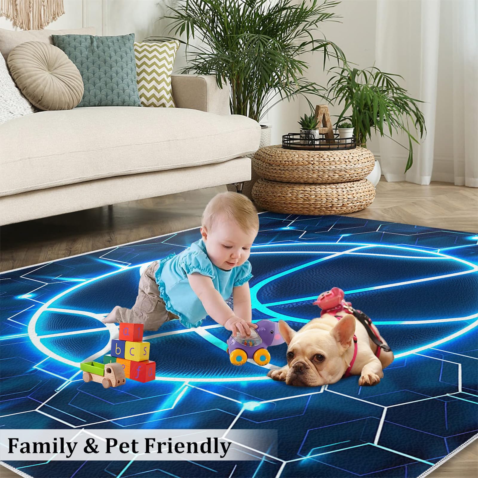 Tapis de Basket Bleu Fluo Abstrait Nid Abeille Bleu Marine Tapis de Basketball Irrégulier Rayures Hexagonales Tapis Mince pour Chambre d'Enfant Décoration de Chambre d'Adolescent 70x140cm