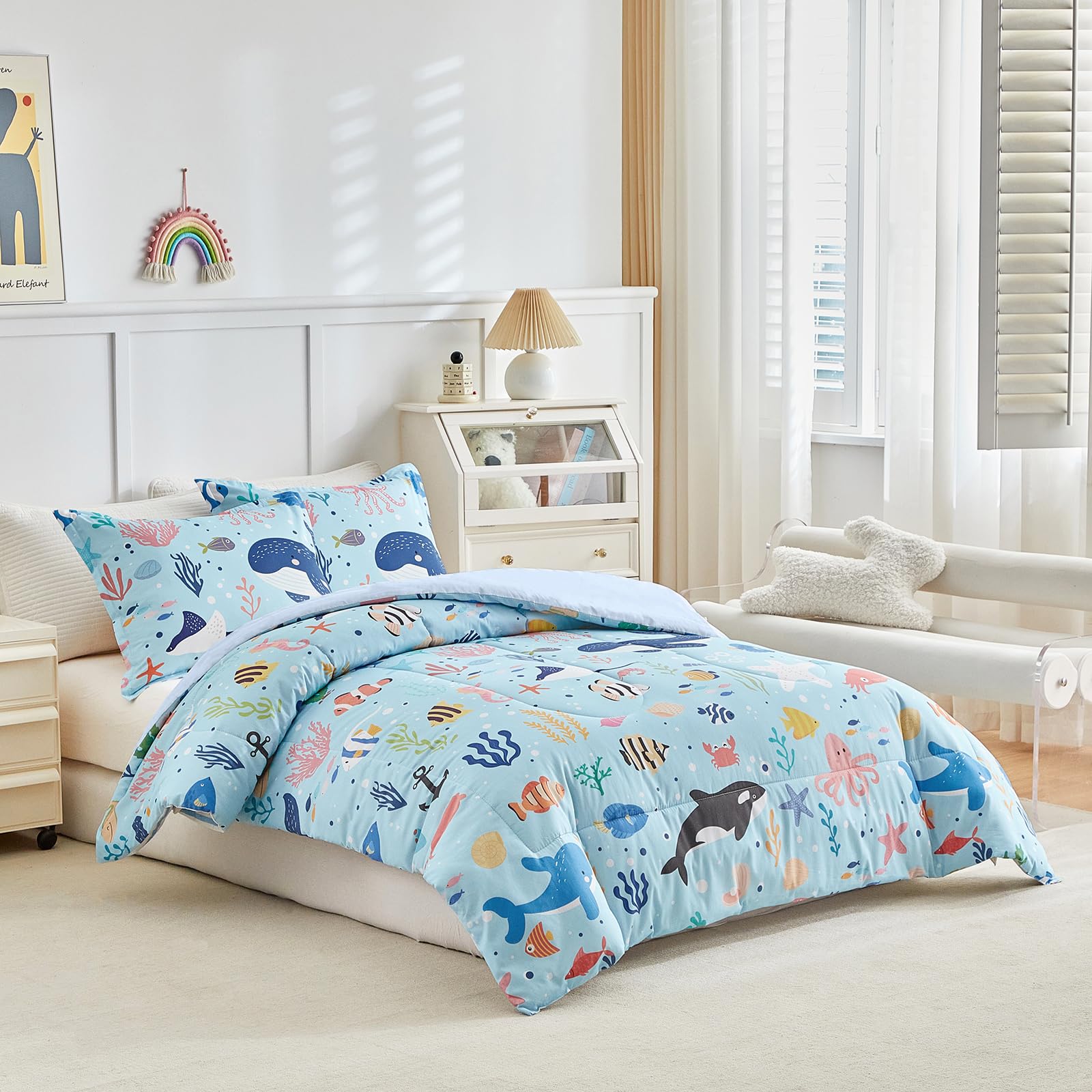 Joyreap 3pcs Cotton Twin Size Comforter Set for Kids, World of The Sea Theme Blue Design, Soft n Cozy Bedding Comforter for All Season- 68x88 inches