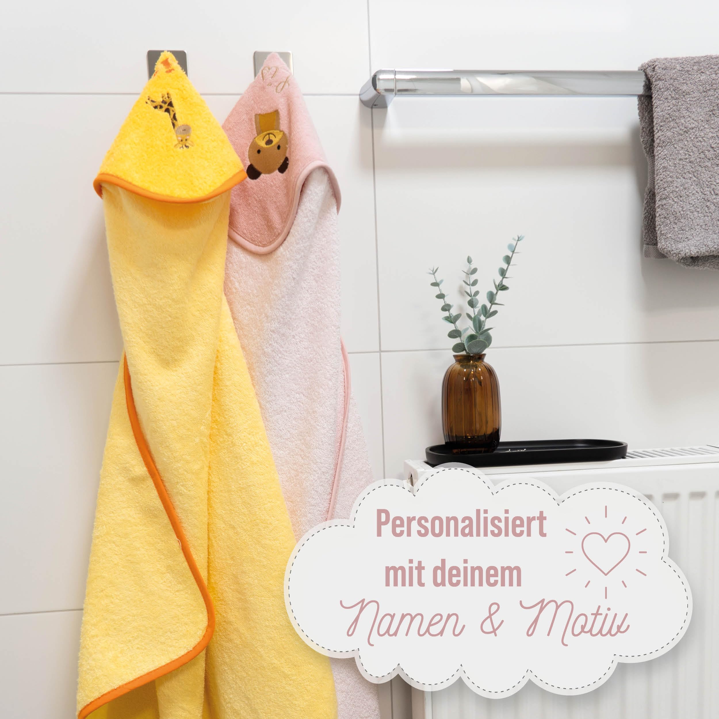 Kapuzenhandtuch Baby mit Namen Bestickt, Oeko-TEX® Standard 100 - Personalisiertes Babyhandtuch mit Kapuze aus Reiner Baumwolle mit gesticktem Namen und Motiv (Rosa, 100 x 100 cm)