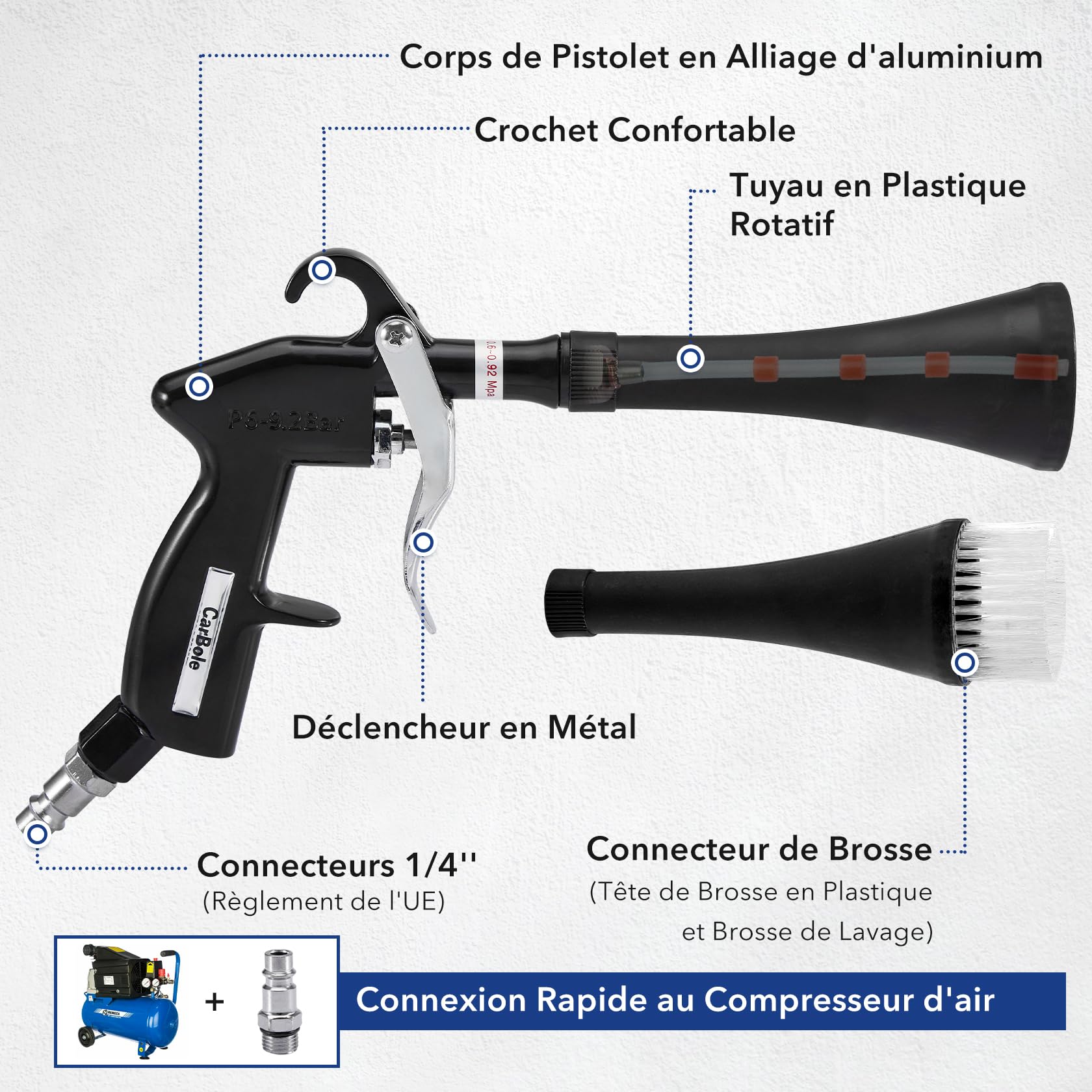 CarBole Pistolet de Nettoyage Voiture Intérieur,Pistolet de Soufflage et Séchage,pour 6~9,2 Bar Air Comprimé,Kit de Lavage,Peut Nettoyer Efficacement l'intérieur de la Voiture