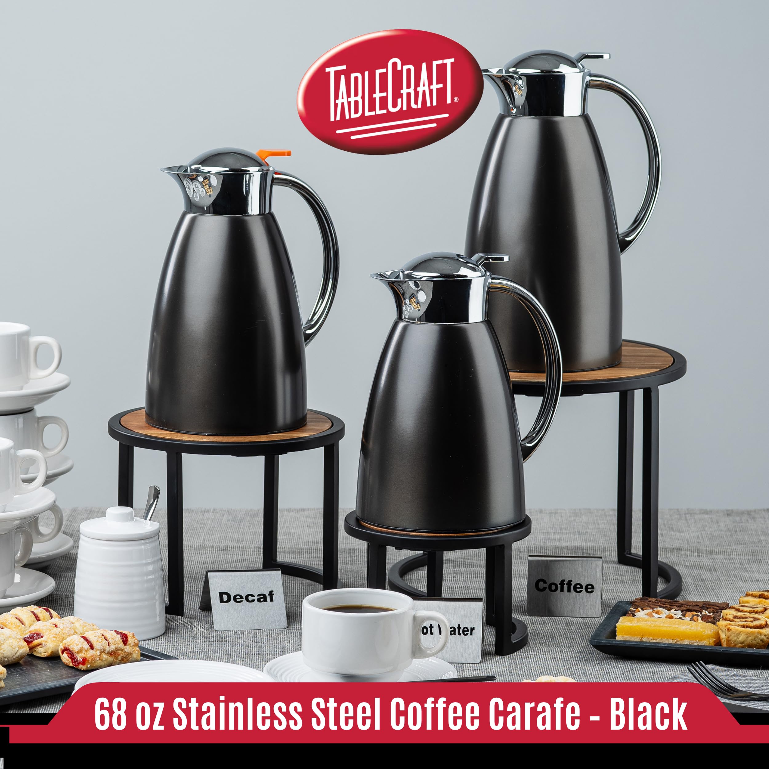 TableCraft 12682 68 oz (2L) Stainless Steel Coffee Carafe, Brushed Stainless Steel with Black PVD Finish, Vacuum Insulated, Lightweight Leak Proof Coffee Dispenser, For Cafes, Restaurants & Catering