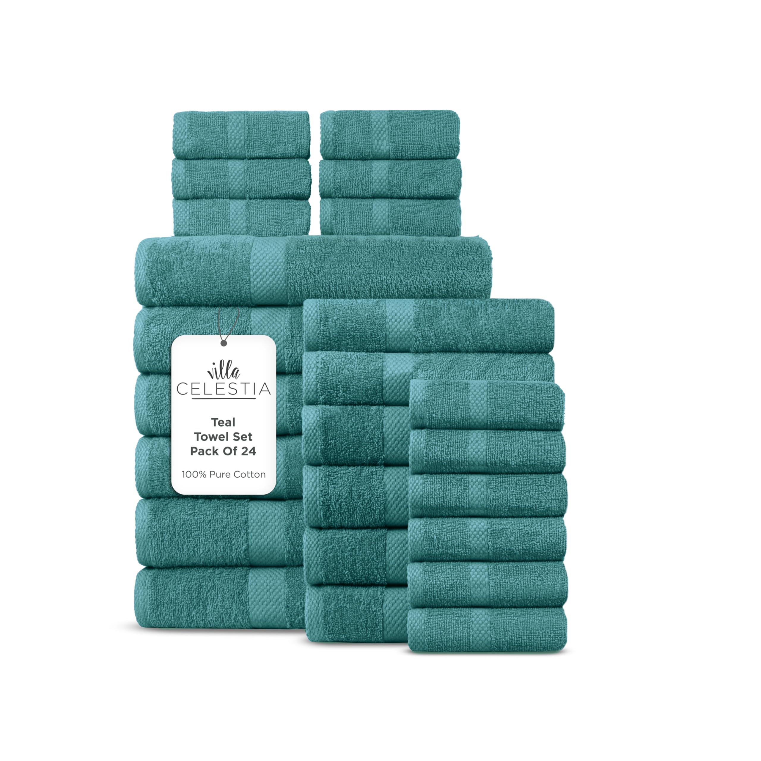 Villa Celestia 24-Piece 100% Cotton Towel Set, 6 Bath Towels, 6 Hand Towels, 12 Wash Cloth, Quick-Dry, Teal