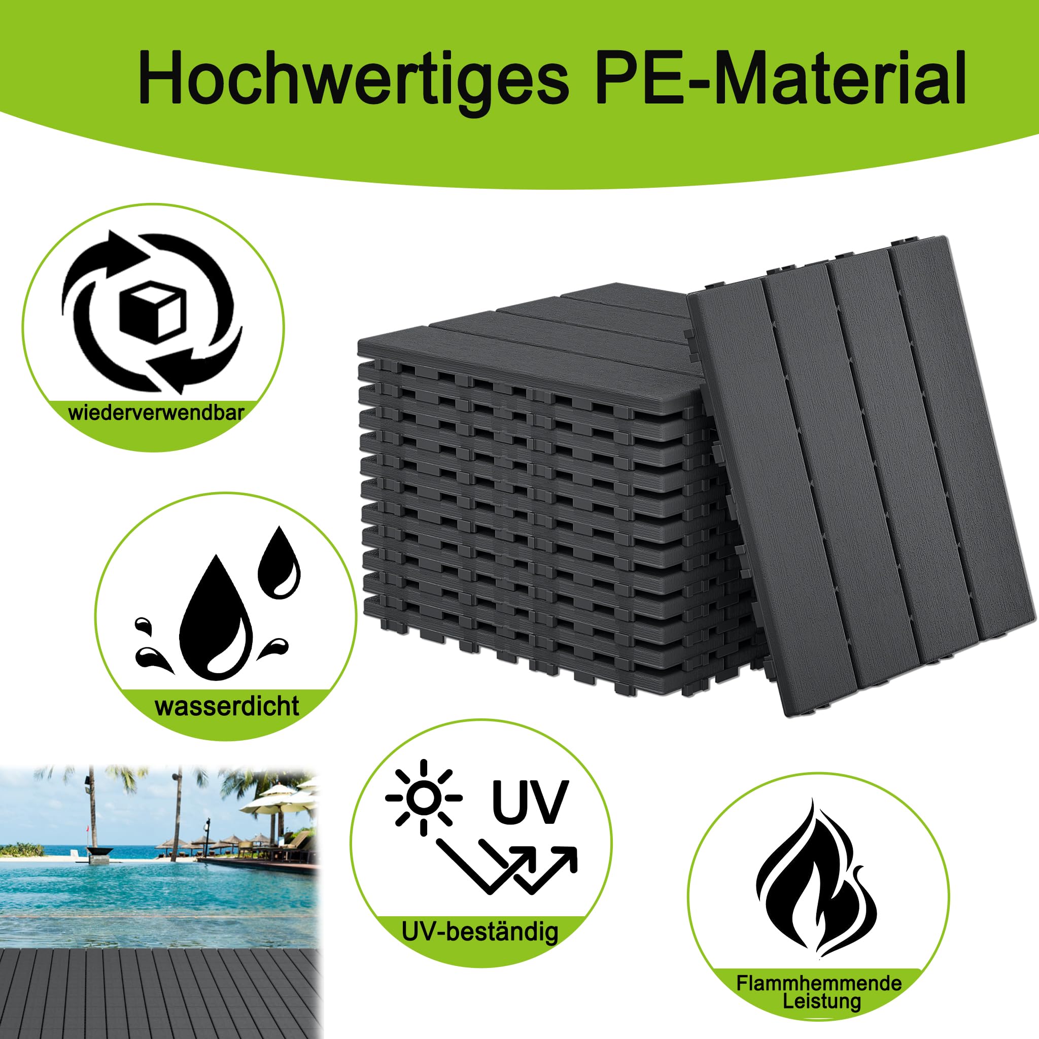 XMTECH Klickfliesen 30x30cm Terrassenfliesen 2m² Anthrazit Typ A PE Fliesen