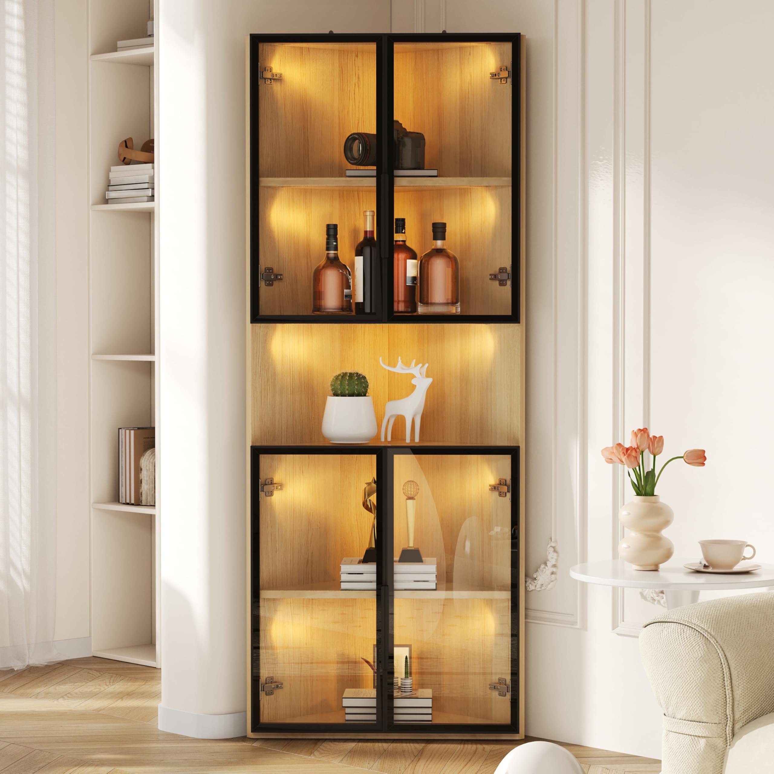 REXO Vetrina in vetro a LED, 62 × 32 × 160 cm, effetto rovere, striscia luminosa a LED, vetro temperato antipolvere, vetrina angolare con porta, libreria, vino e bagno