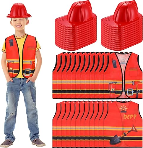 Hicarer 48 Pcs Firefighter Vest for Kids Firefighter Party Dressing up Supplies Including 24 Vests and 24 Firefighter Hats, Birthday Favor Costume