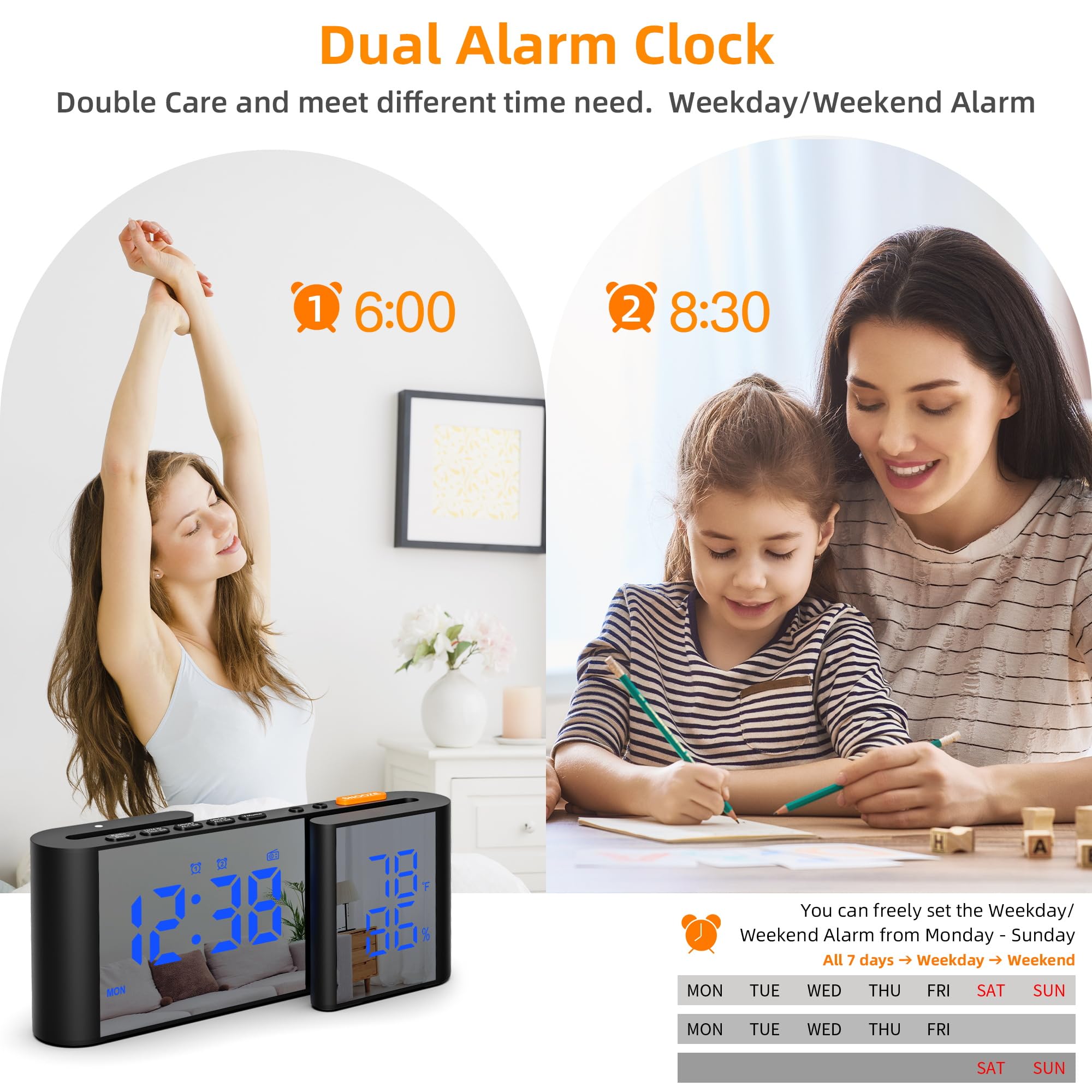 Digitaler Radiowecker 6'' Spiegel LED Uhr mit Luftfeuchtigkeit und Temperatur Duale Alarmeinstellung 15 Stufen einstellbare Lautstärke Schwarz-Blau