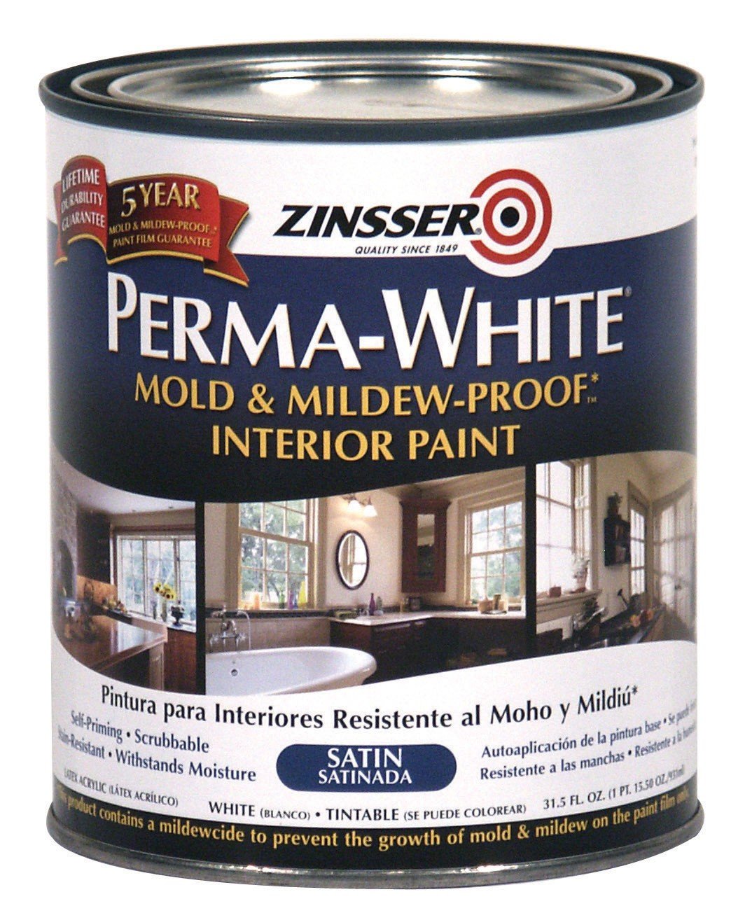 Rust-Oleum 2704 White Zinsser Perma-Mold and Mildew-Proof Interior Satin Paint, 1 Quart Can (Pack of 6)
