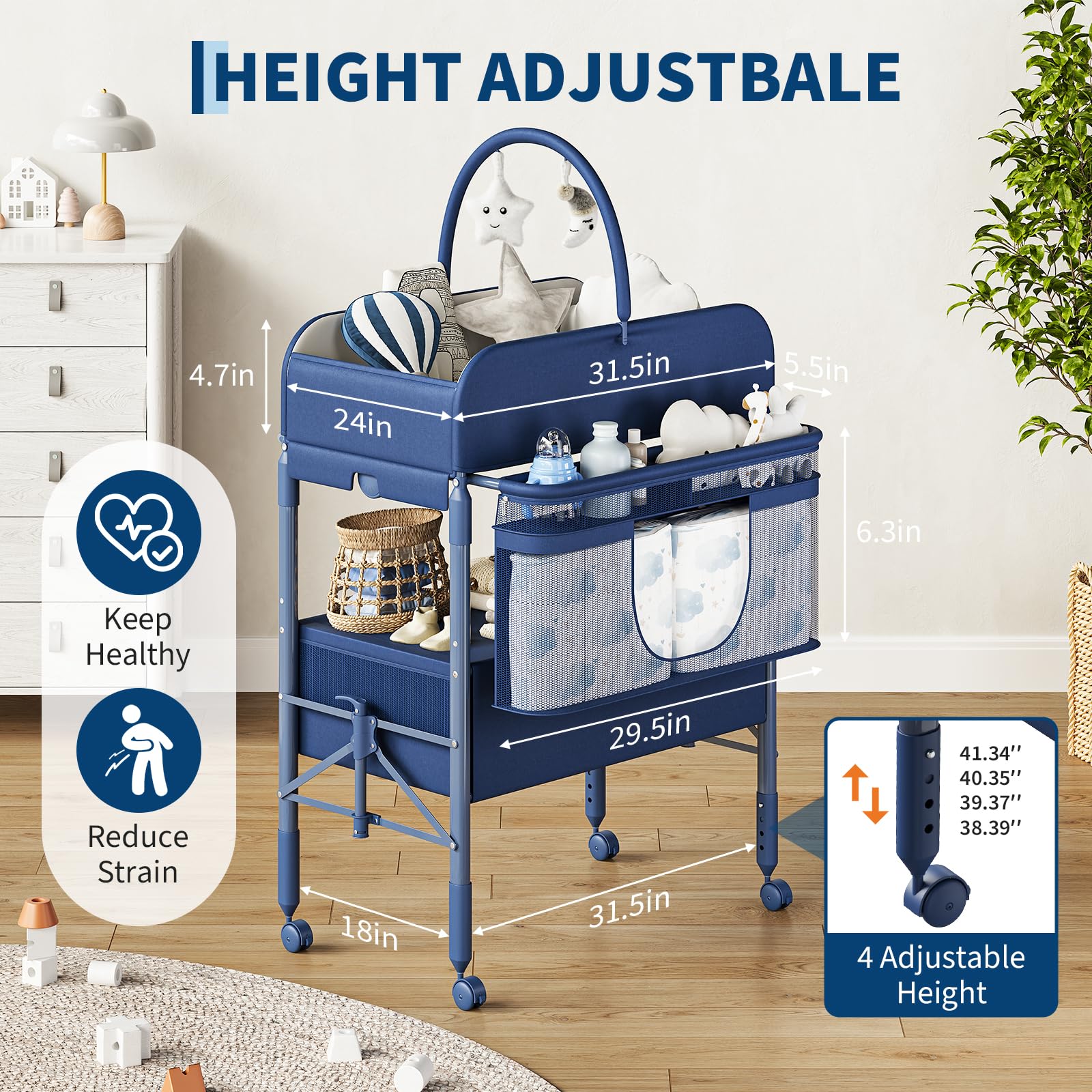 Fasciatoio Portatile E Pieghevole, Stazione Portatile, Altezza Regolabile, Materasso Impermeabile, Cassetti Di Conservazione Per Neonato E Neonato,Blu