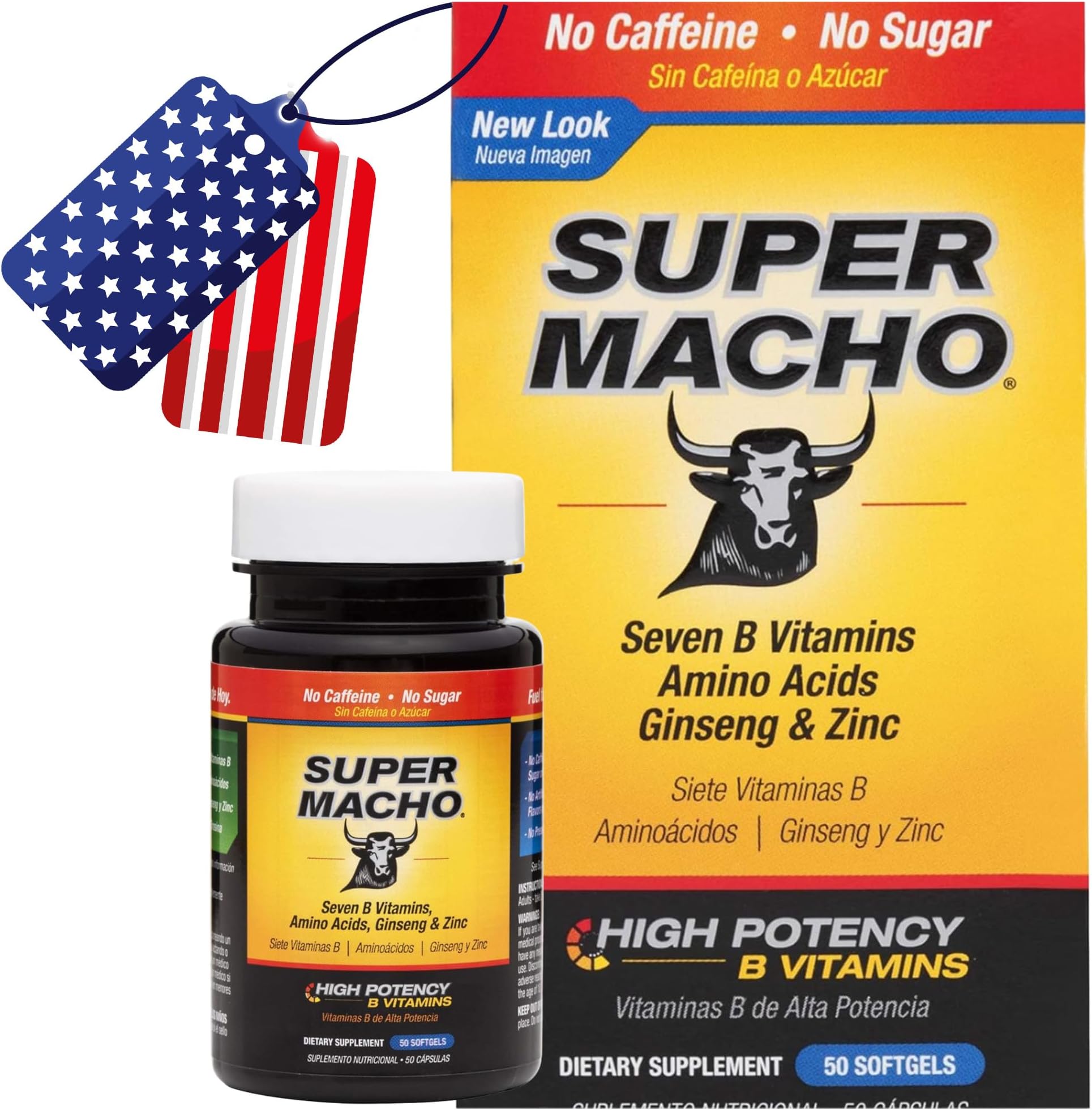 DLC SUPER MACHO, High Potency B Vitamins and Amino Acids, Fuel for today´s Active Men, No Caffeine, No Sugar, Dietary Supplement, 50 Soft gels, Jar.