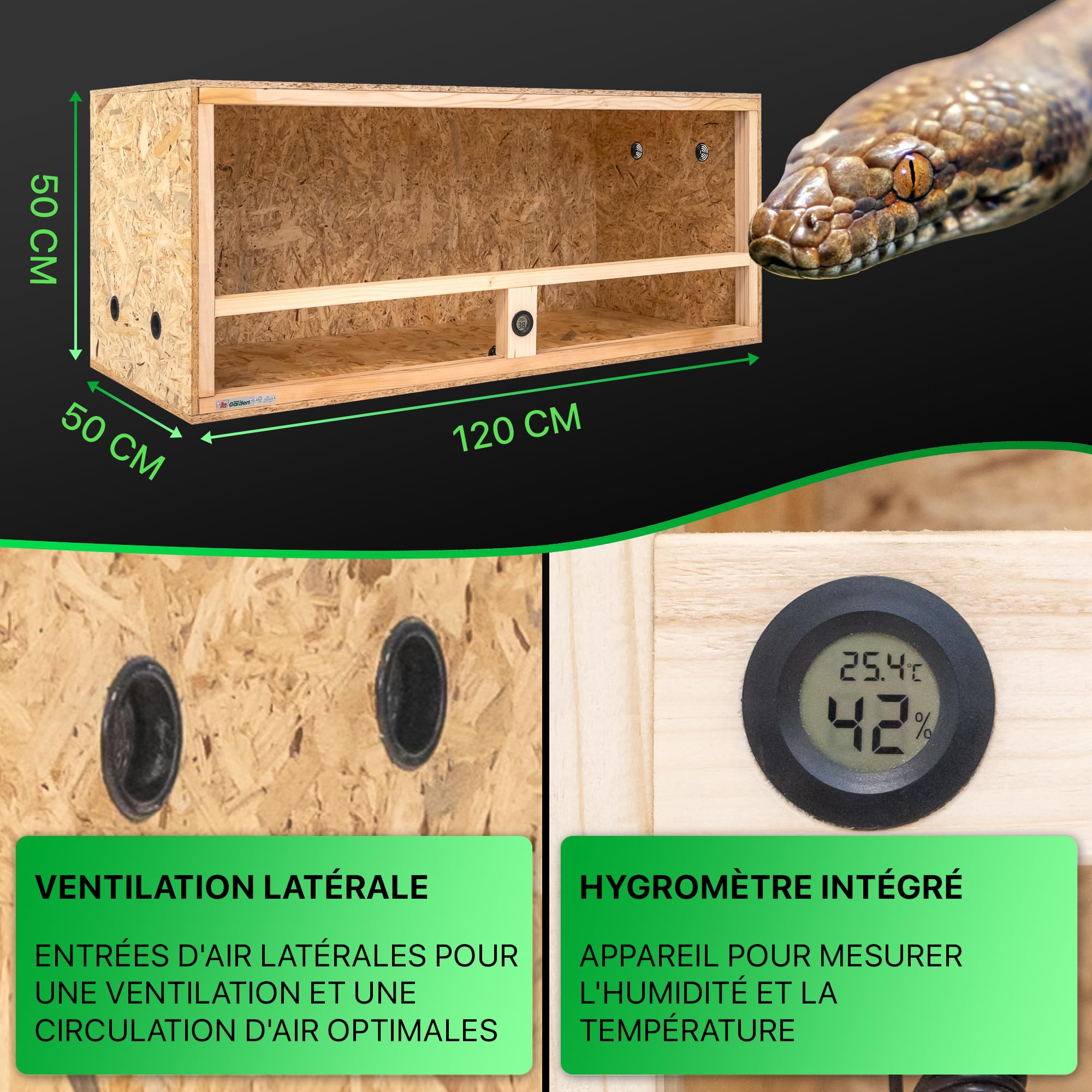ITA Terrarium Bois 120x50x50 cm avec Ventilation latérale & hygromètre intégré - Terrarium en Bois OSB-3 - pour Reptiles, Serpents, Amphibiens - Produit UE, certifié FSC