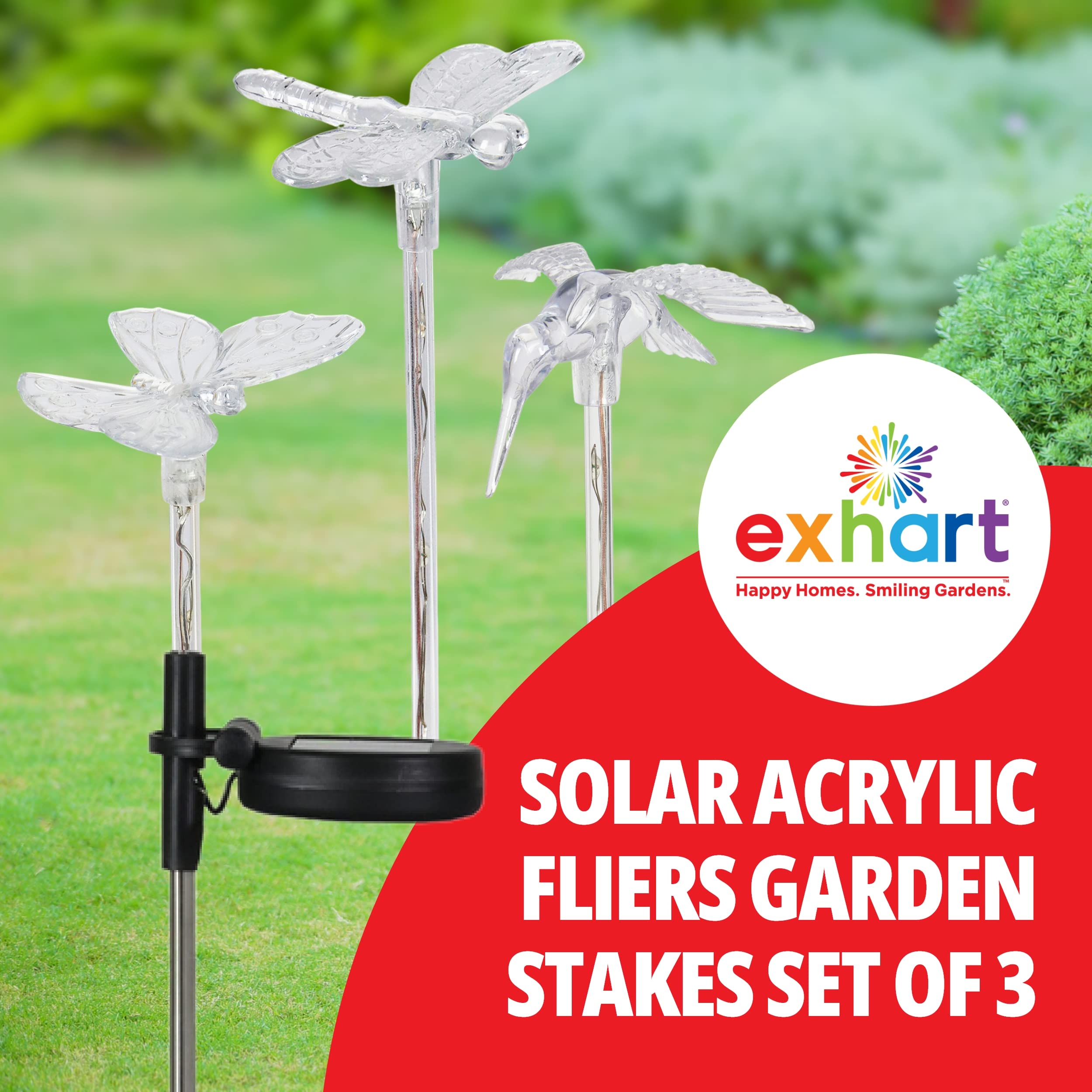 Exhart 3 Solar Acrylic Garden Stakes, Color-Changing Tops, LED Lined Stakes, 1/ea 3pc, 3.5