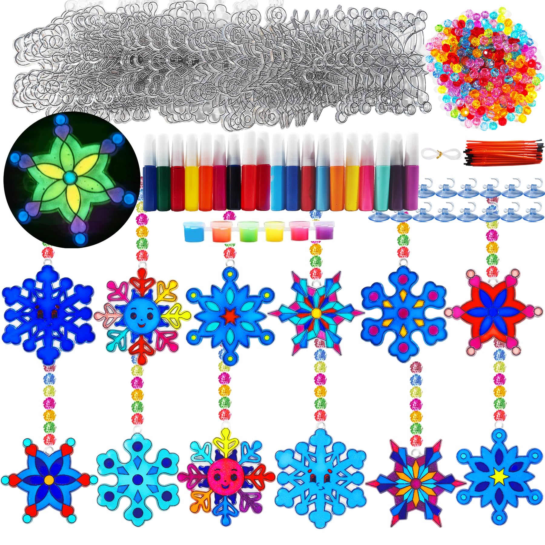 30 Sets Winter Snowflake Suncatchers Craft Kits DIY Glow In The Dark Window Paint Art Kit Christmas Snowflake Craft for Classroom Winter Christmas