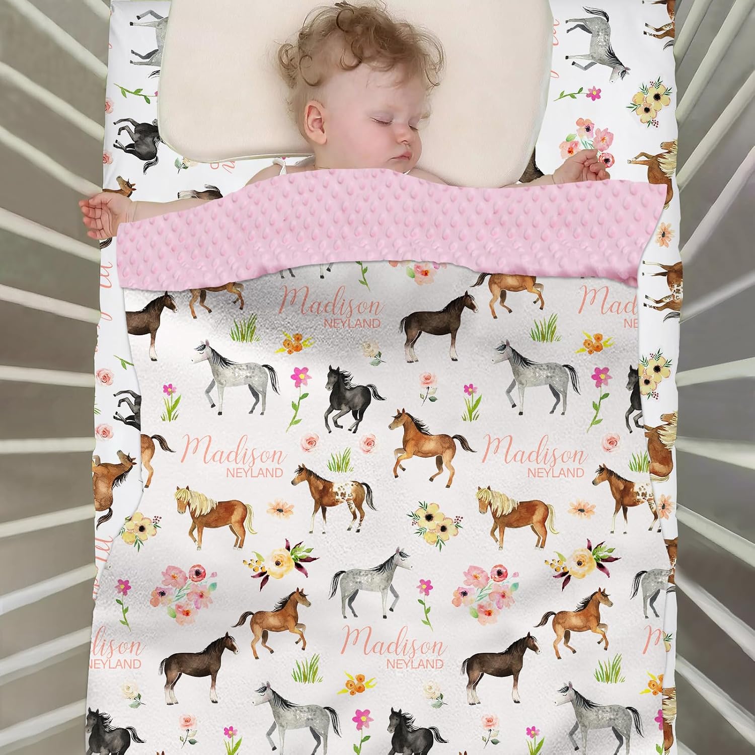 Custom Crib Bedding Set for Girls, Personalized Baby Bedding Sets with Name, Floral Horse 2 Piece Bedding Set for Infant Toddler, Name Comforter Fitted Crib Sheets Set, Nursery Bedding