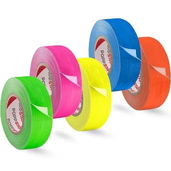 POPPSTAR 5x Neon Tape 25mm x 10m, Fluorescent Fabric Tape, yellow, green, red, blue, pink