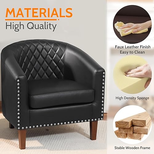 Miniatura 6 de PrimeZone Barrel - Juego de 2 sillas decorativas, cómodas sillas de piel sintética, para sala de estar, silla de club con cojín, ribete de cabeza de